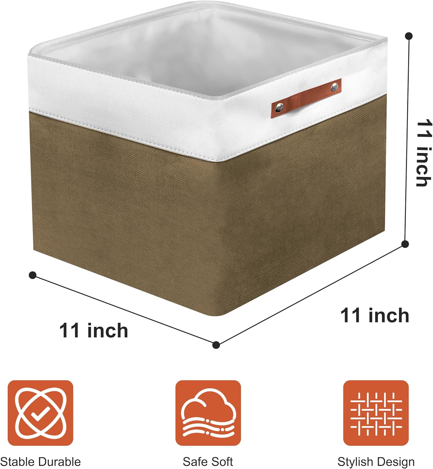 11in Open Fabric Storage Basket with Leather Handles for Organizing, Collapsible Linen Closet Bins for Shelves, Closets, Laundry, Decorative Basket for Gifts. (White＆Brown, 3PCS/11x11in)