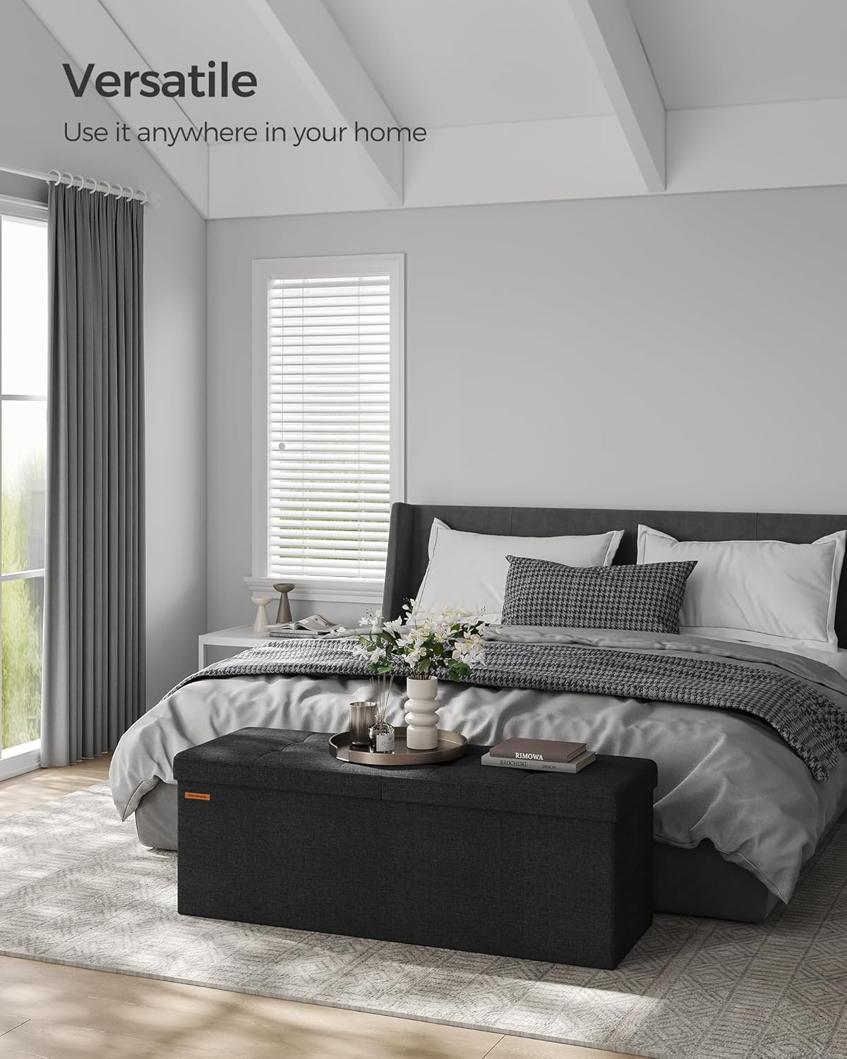 SONGMICS Mazie Collection - 43 Inches Storage Ottoman, Foldable Storage Bench with Flipping Lid, 660 lb Load Capacity, for Entryway, Living Room, Bedroom, Ink Black ULSF076B01