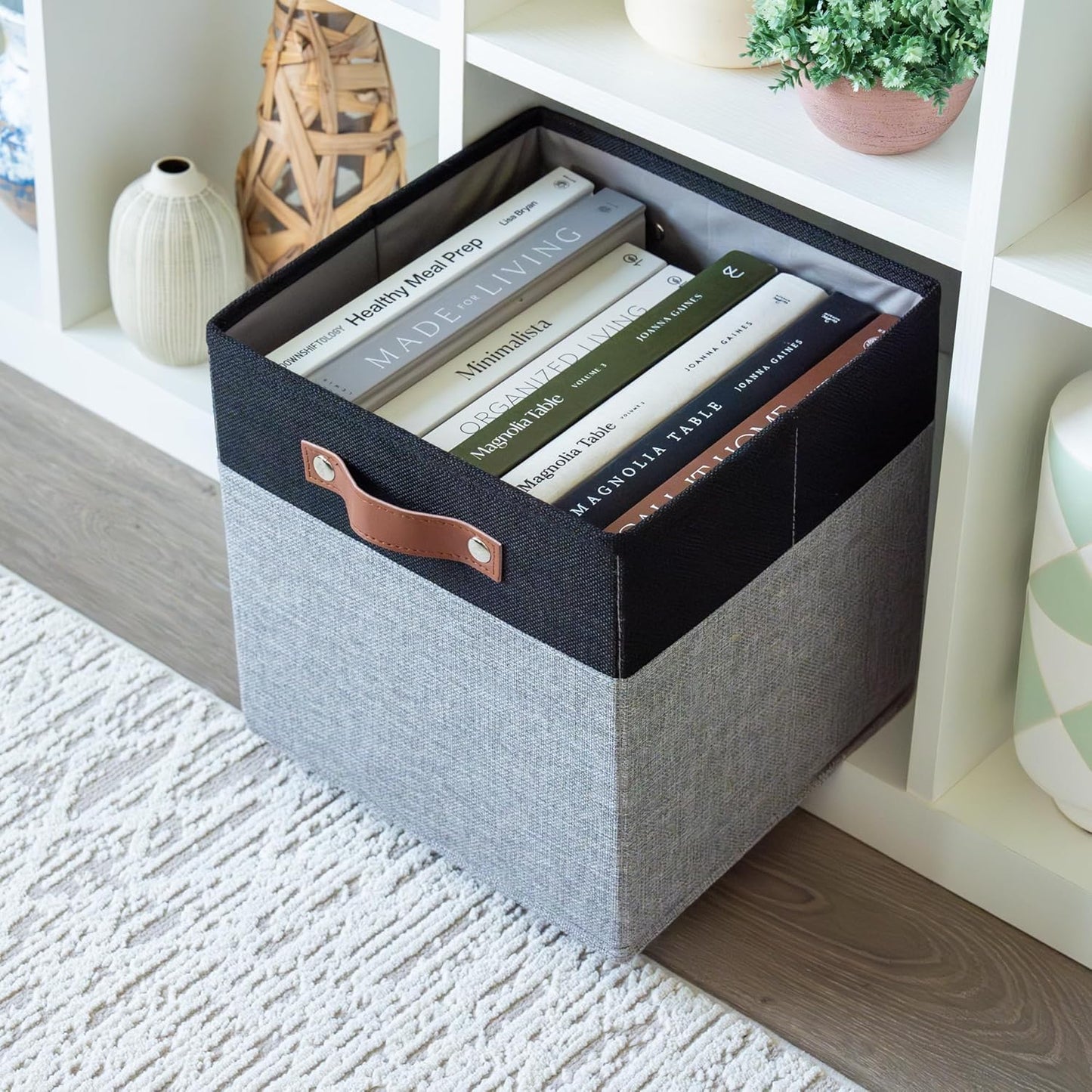 OrganiHaus 11x11 Cube Storage Bins - Set of 4, Fabric Cubby Bins with Vegan Handles, Square Storage Cubes in Gray/Black