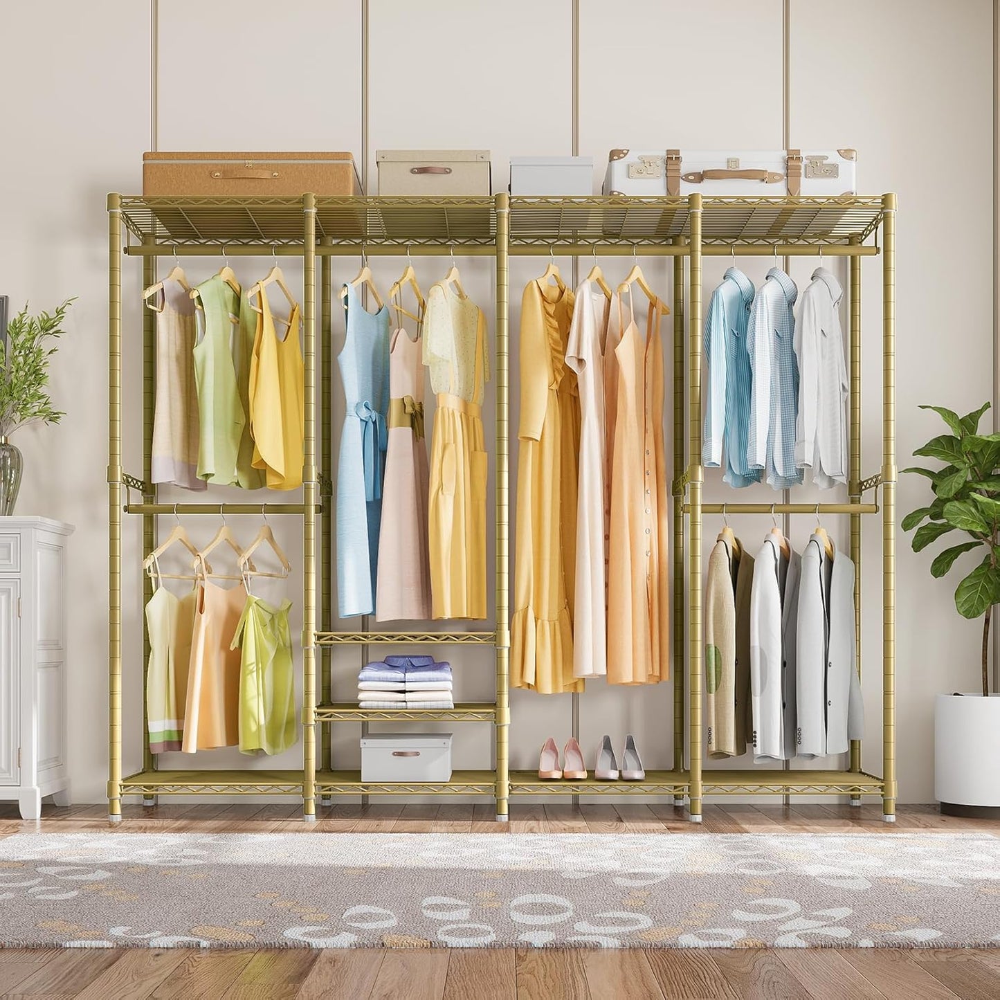 VIPEK V40 Wire Garment Rack Heavy Duty Clothes Racks for Hanging Clothes, Multi-Functional Metal Clothing Racks Bedroom Freestanding Wardrobe Closet Rack, 76" Lx15.7 Wx76.4 H, Max Load 1110lbs, Gold