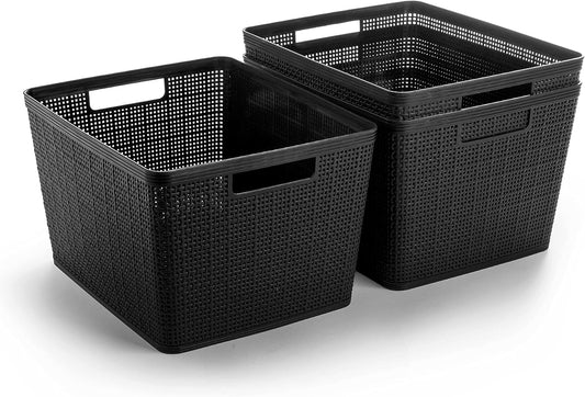 BINO | Woven Plastic Basket | Large (Black), 3-Pack | THE JUTE COLLECTION | Home Organization, Space - Saving Storage, Stylish Design | Jute Basket | Plastic Storage Basket