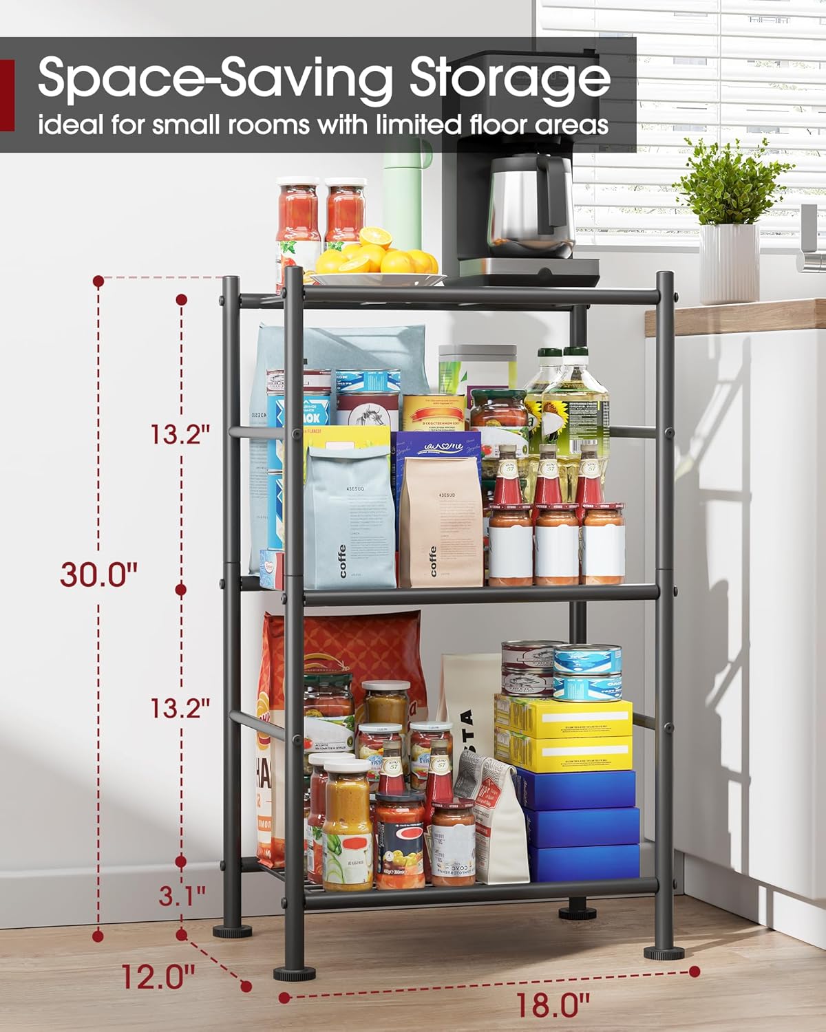 Storage Shelves - 3 Tier Shelf Organizer, Sturdy Metal Garage Shelving with Adjustable Leveling Feet, Space-Saving Shelves Organizer for Pantry, Laundry, Kitchen (18" x 12" x 30", Black)