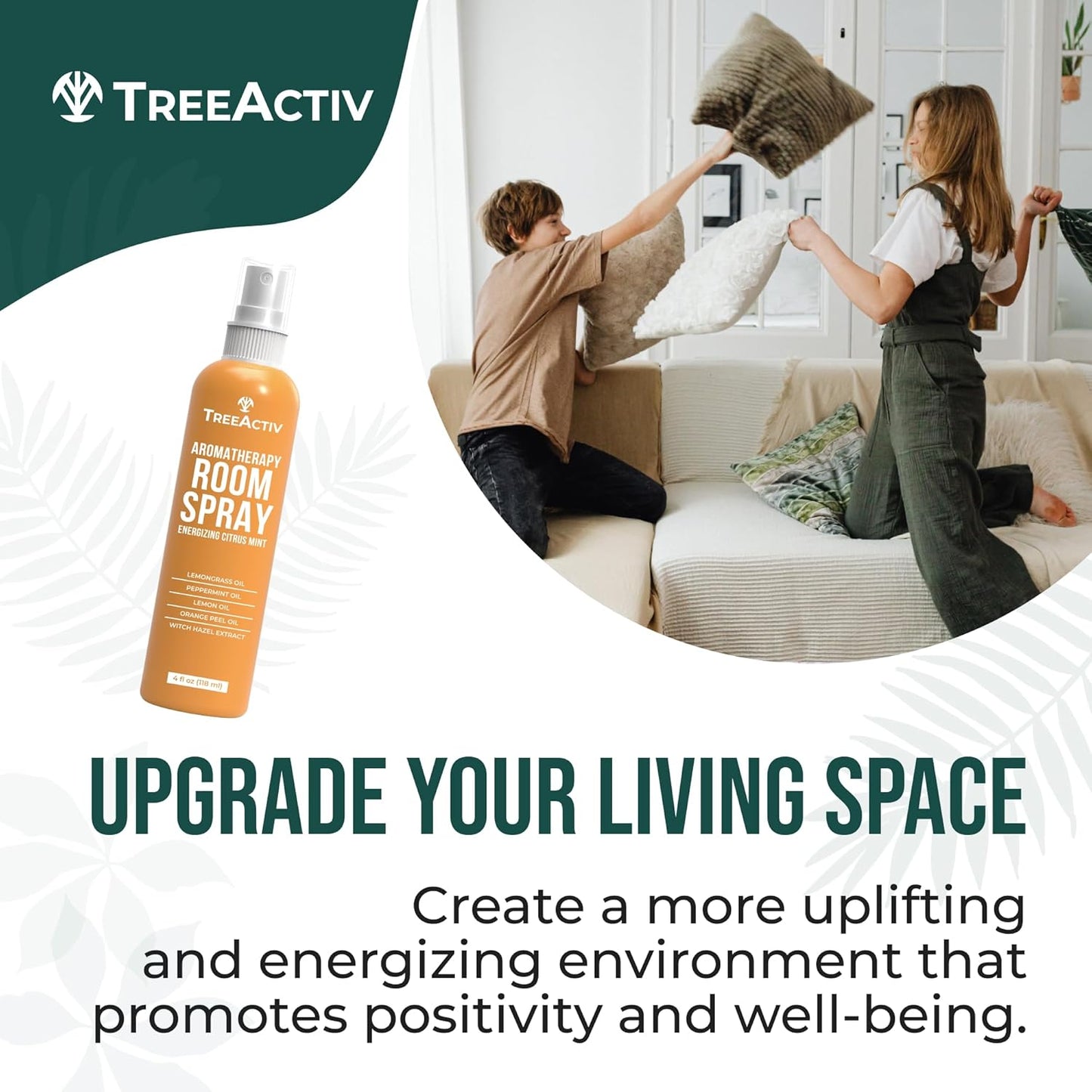 TreeActiv Aromatherapy Room Spray 4 oz, Natural Citrus Air Freshener, Essential Oil Odor Eliminator for Bedding, Pillow, Linen Mist, 1000 Sprays