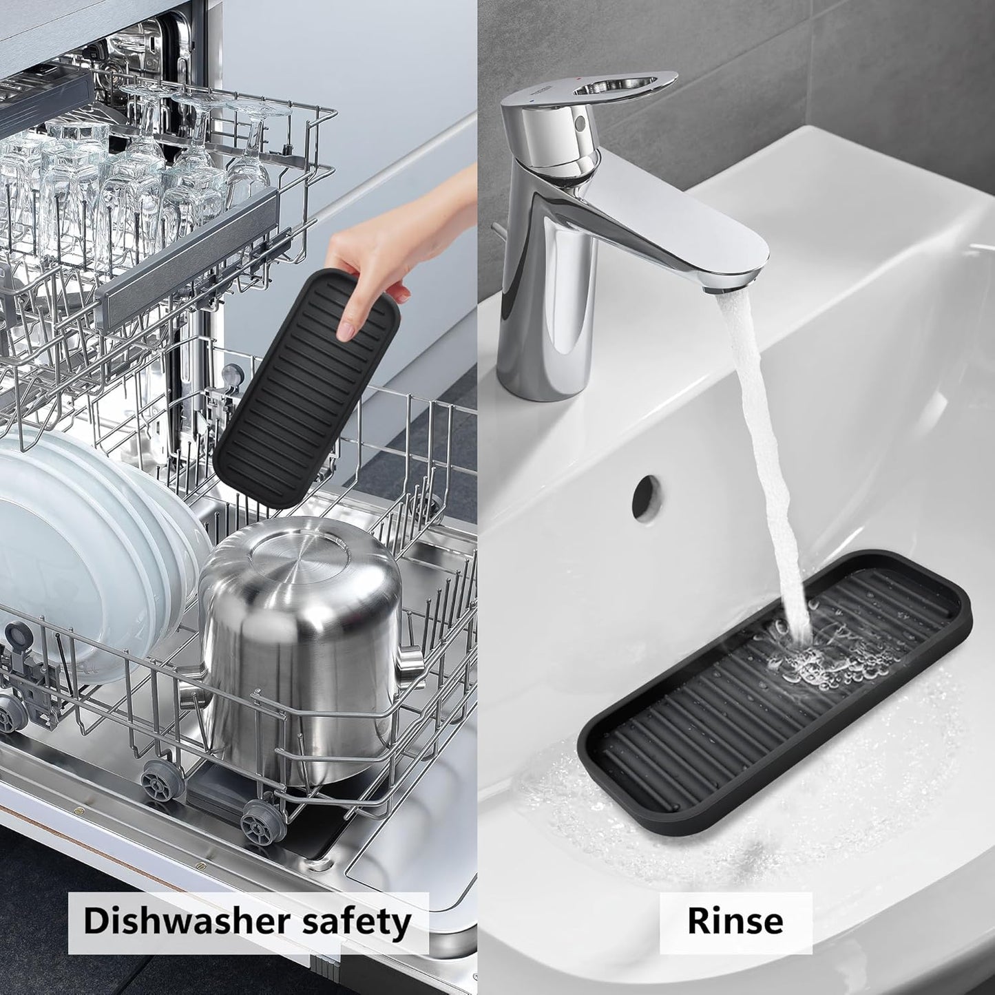 Silicone Sponge Holder Kitchen Sink Organizer Tray Dish Caddy Soap Dispenser, Scrubber Spoon Holder,Dishwashing Accessories 2 Pack (Black)