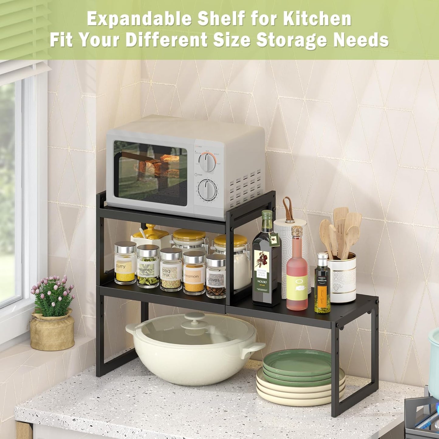 DOLALIKE Expandable kitchen Countertop Organizer, Stackable Cabinet Shelf Organizers, Space Saving Spice Rack Pantry Storage for Bathroom Office (Black, 1 Pack)