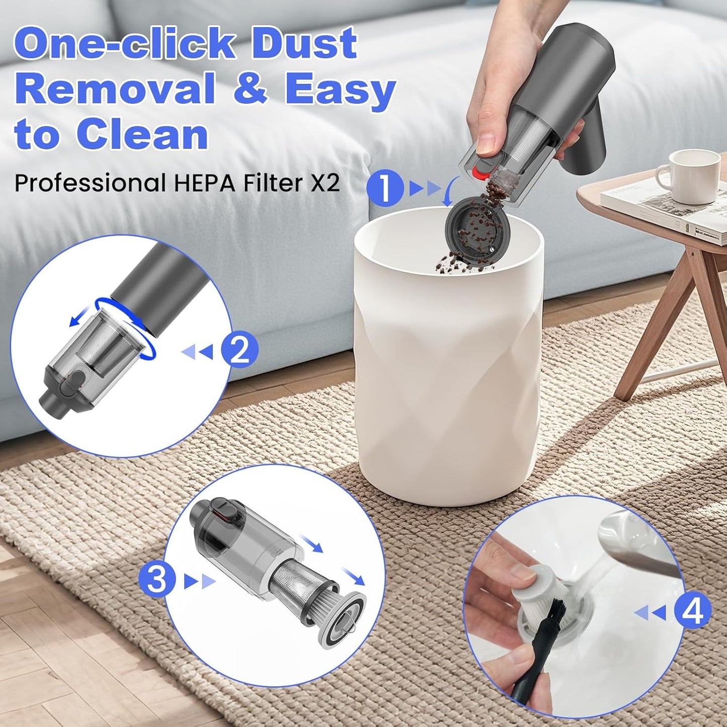 Car Vacuum Portable Cordless with 16000PA Ultra Suction 4-in-1 Foldable Air Duster & Brushless Motor Rechargeable Handheld Vacuum for Pet Hair, Car Seats, Home & Office Cleaning