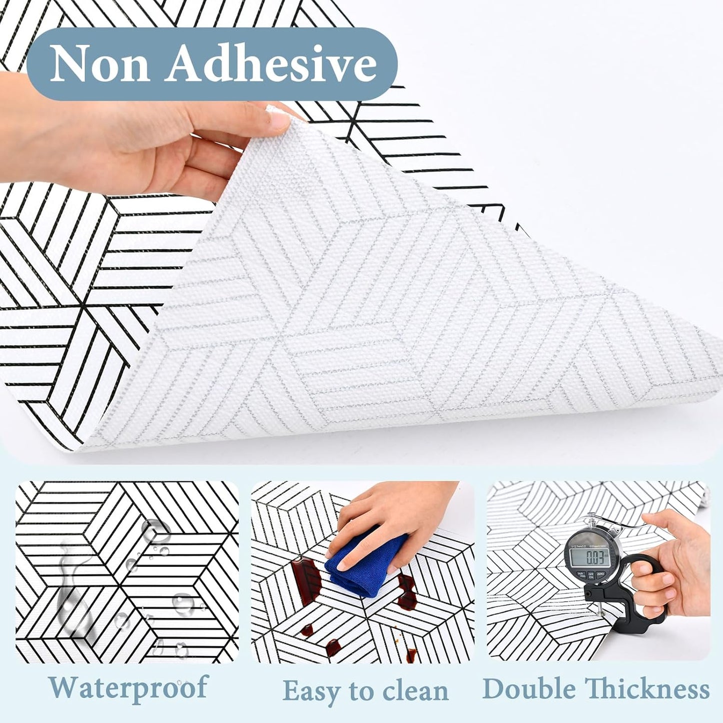 Shelf Liners for Kitchen Cabinets Non Adhesive Shelf Liner Paper Non-Slip Thickened Drawer Liner Easy to Clean for Tool Box Refrigerator with Knife and Tape Measure, Black Geometric, 17.3 x 236.2 in