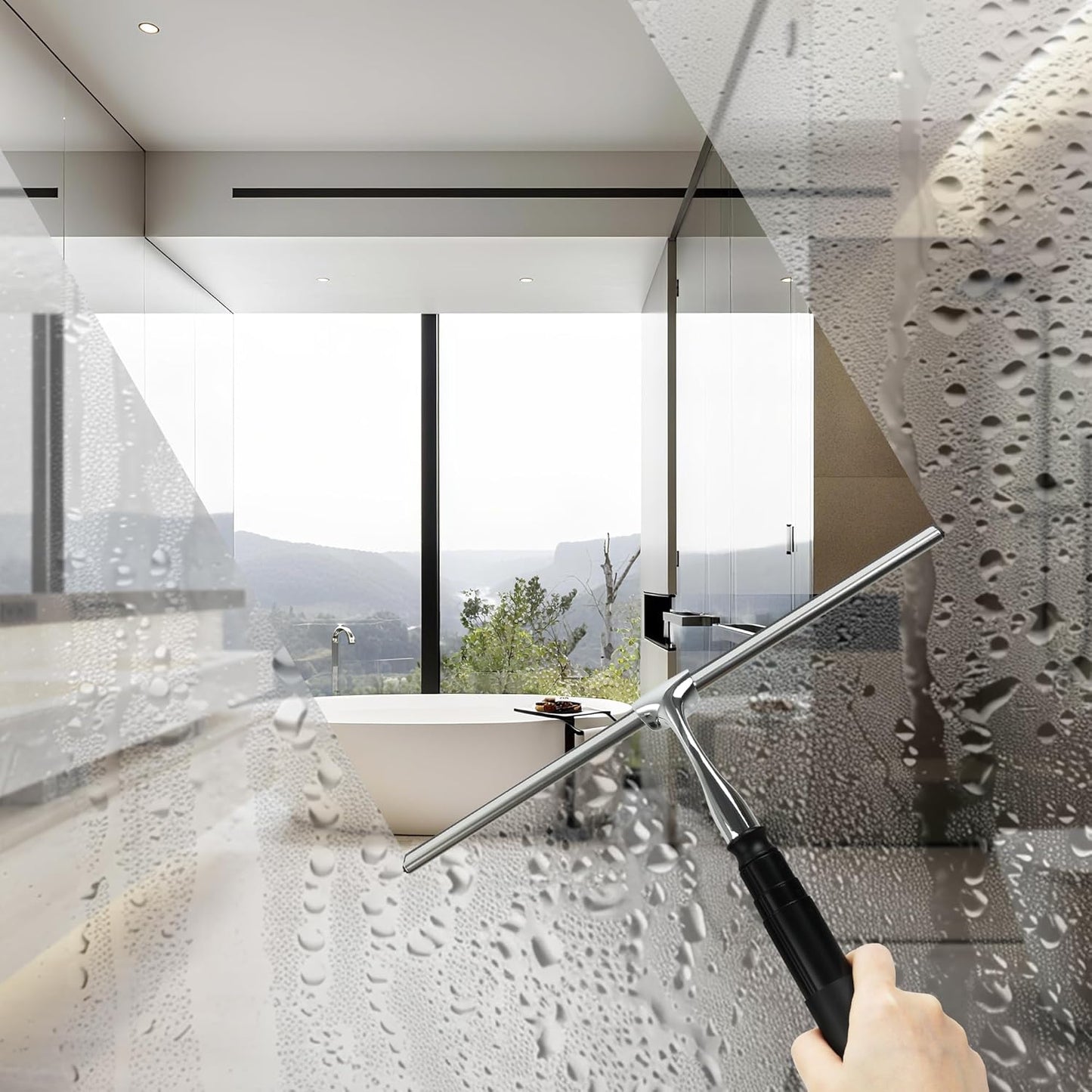 Window Squeegee for Home, 2 in 1 Window Washing kit with Extension Pole Long Handle Squeegee for Shower Glass Floor Tile Wall Car Windshield, 12 inch Wide, Black