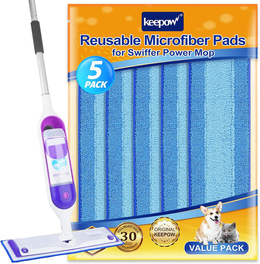 Reusable Mop Pads for Swiffer PowerMop, 5 Pack Microfiber Mop Pad Refills with Scrubber Strips for 13''-15'' Spray Mop, Washable Mop Pads Use for Most Floor Types, Mop Pads Replacement for Dry Wet Mop