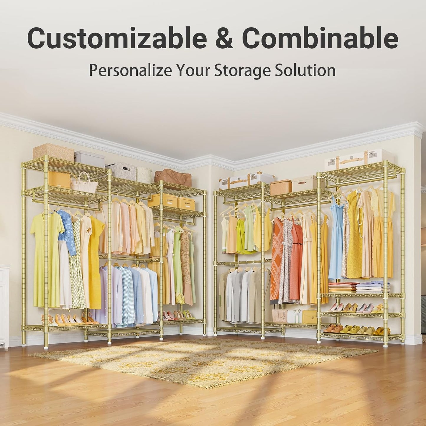 VIPEK V5 Portable Closet Wardrobe Heavy Duty Clothes Rack, Freestanding Metal Clothing Racks Custom Closet Racks with 8 Adjustable Shelves, 68.9" Lx15.7 Wx76.4 H, Max Load 890LBS, Gold