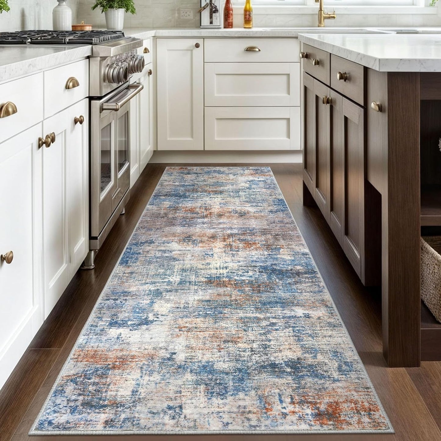 IOHOUZE Abstract Runner Rug 3x8 Ft Washable Runners for Hallways, Non Slip Kitchen Runner Printed Faux Wool Entryway Runner Indoor, Modern Abstract Floor Carpet for Hall Bedroom, Blue Rust