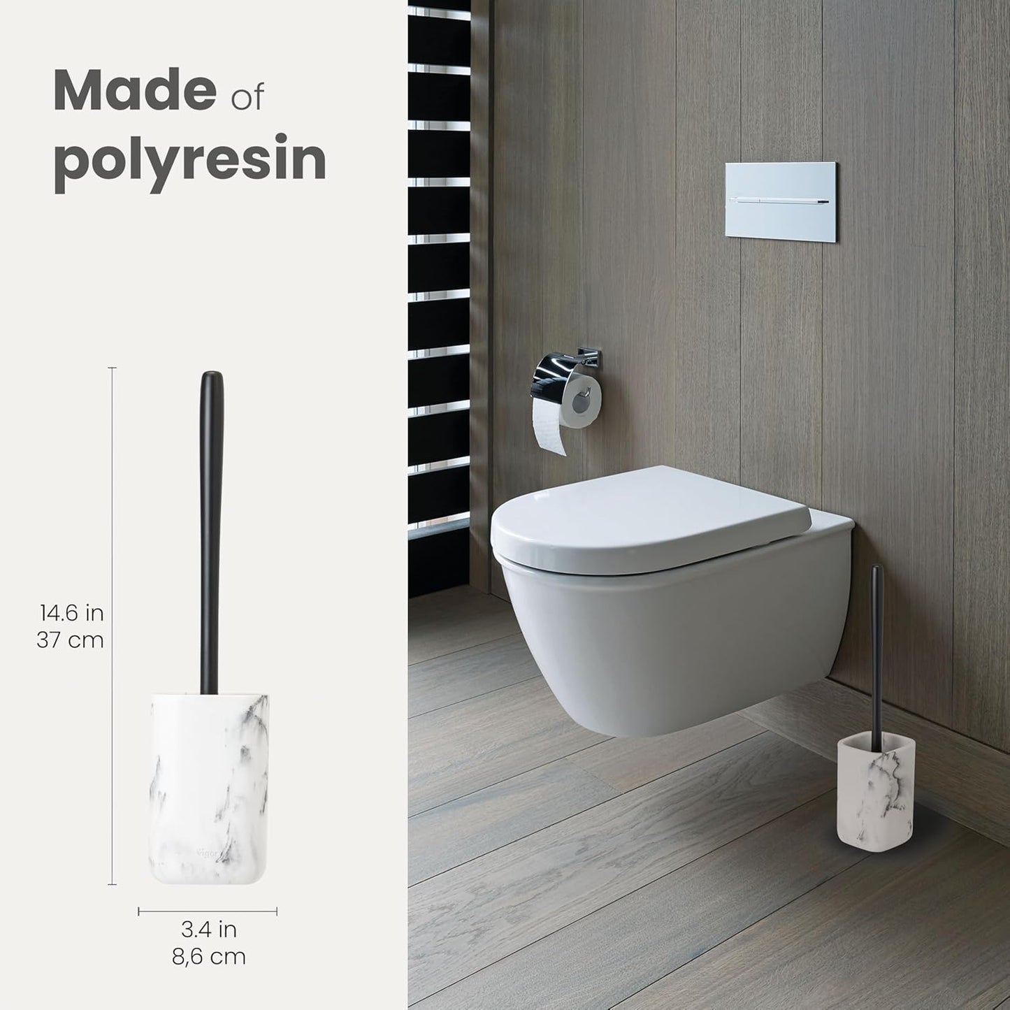 Vigar Zense Toilet Brush and Holder Set, Toilet Bowl Brush with Polyresin Stone Holder, Bathroom Sets for Bathroom Decor and Accessories, White Marble