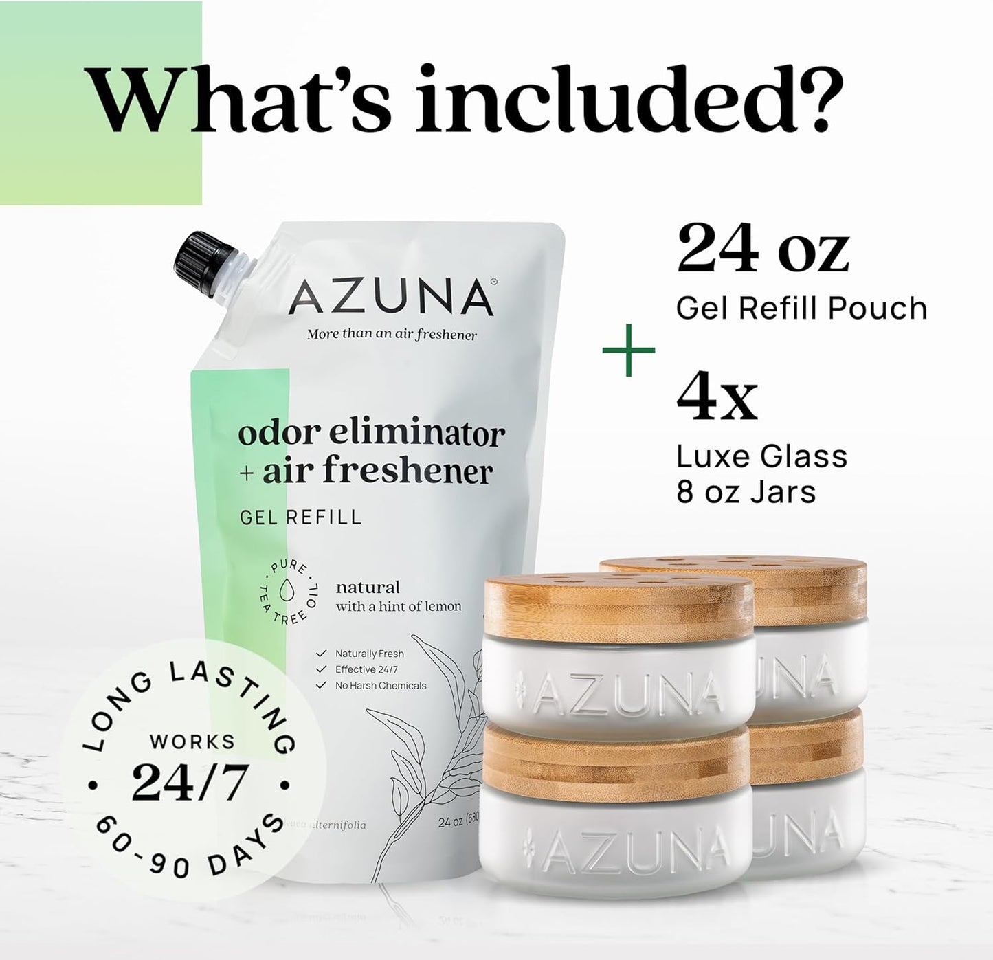 Azuna Air Freshener & Odor Eliminator for Strong Odor | 4 Room Kit Includes (4) 8 oz. Empty Luxe Glass Jars & 24oz Gel | Refill with Tea Tree Essential Oil | Natural Scent | Last 60-90 Days