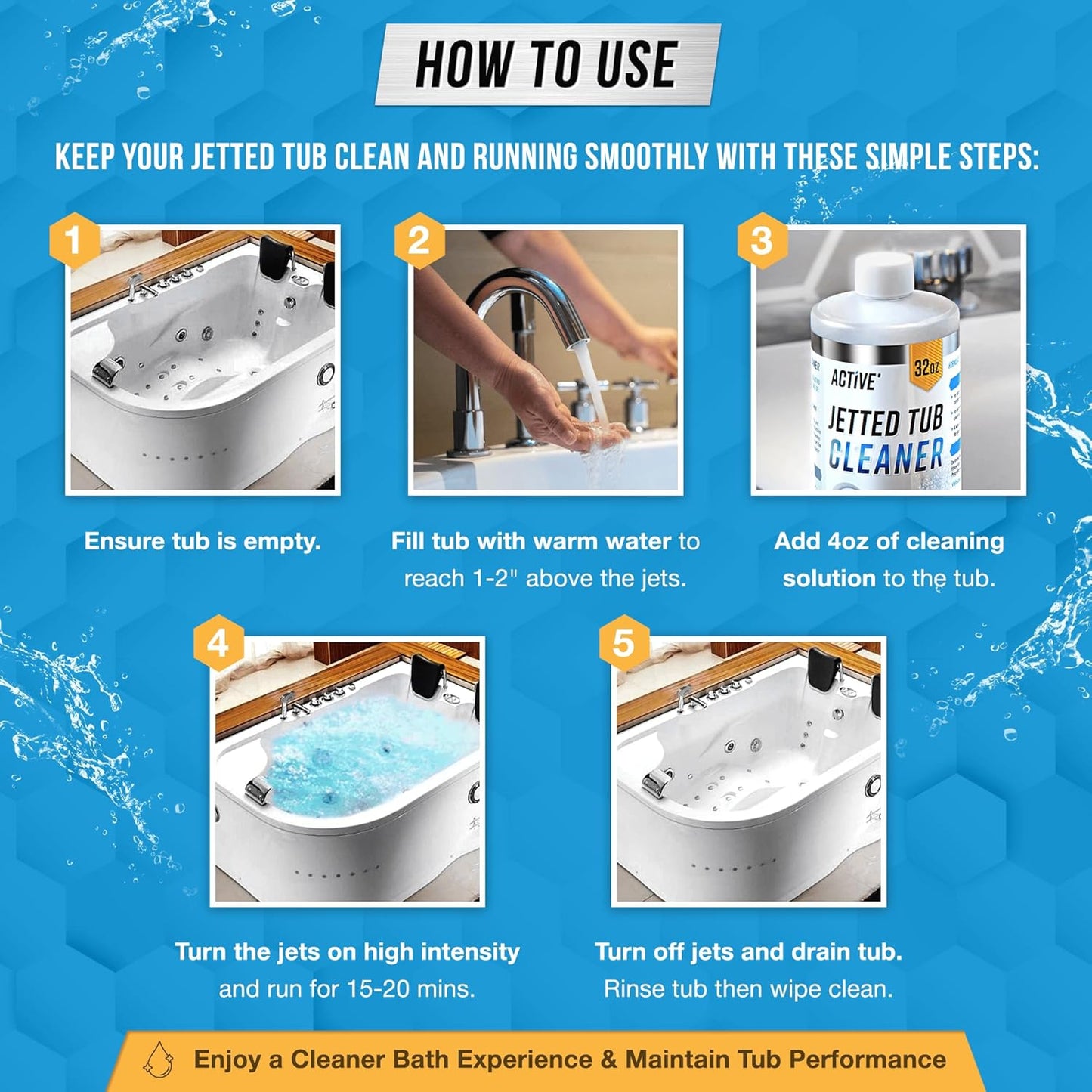 ACTIVE Jetted Tub Cleaner Bathtub Cleaning - 32oz (8 Uses) Bath Jet Cleaner For Whirlpool & Spa Bath System, Compatible with Jacuzzi Jets, Whirl Tubs, Professional Septic Safe Solution - Made in USA