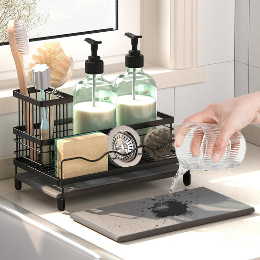 Sink Caddy, Kitchen Sink Organizer with Sponge Holder and Stone Drying Mat, Quick Drying, Stainless Steel Kitchen Caddy Organizer for Sponges, Brushes & Soap