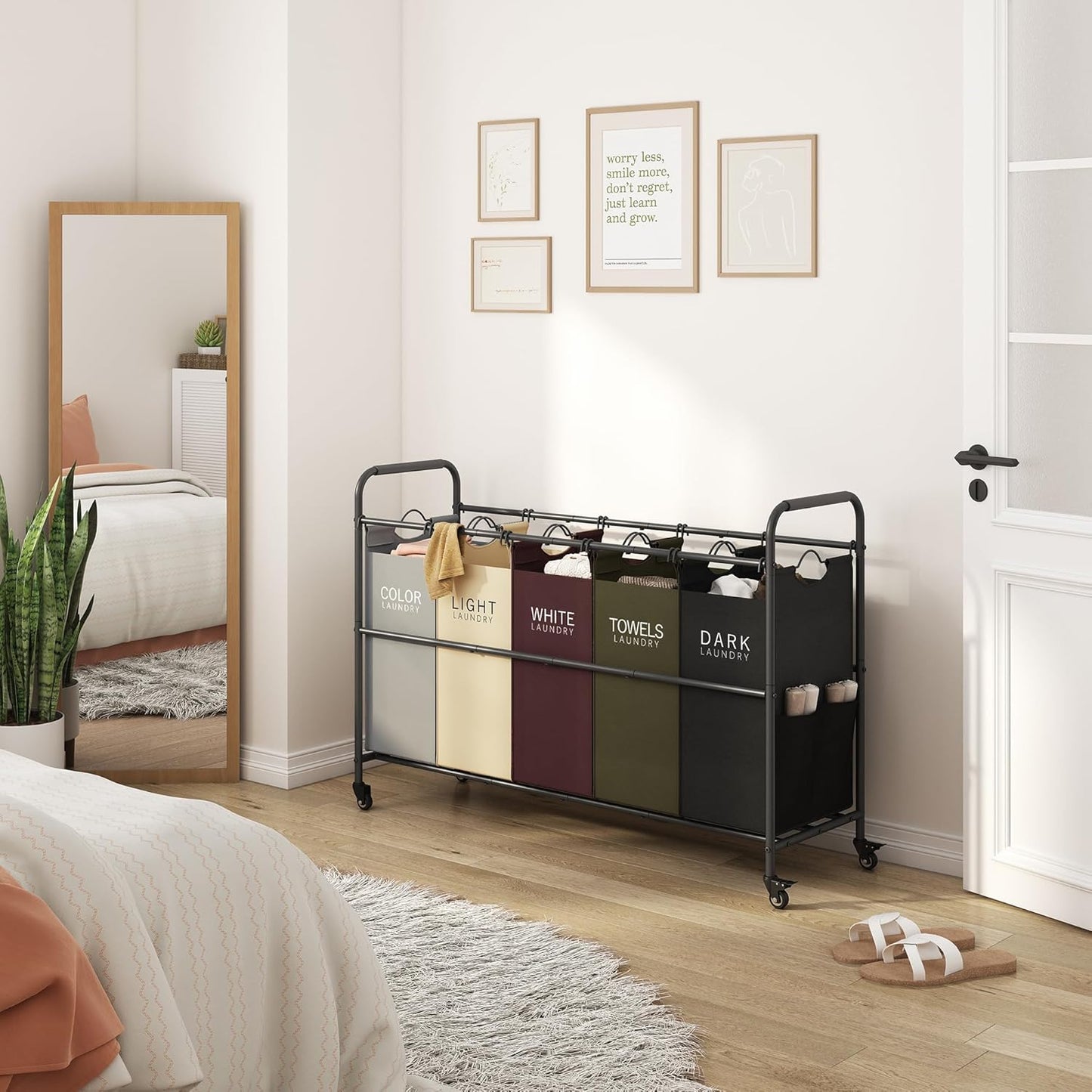 Tajsoon 5 Bag Laundry Sorter Cart, Laundry Hamper Sorter Basket with Heavy Duty Lockable Rolling Wheels for Clothes Storage, 5 Colors