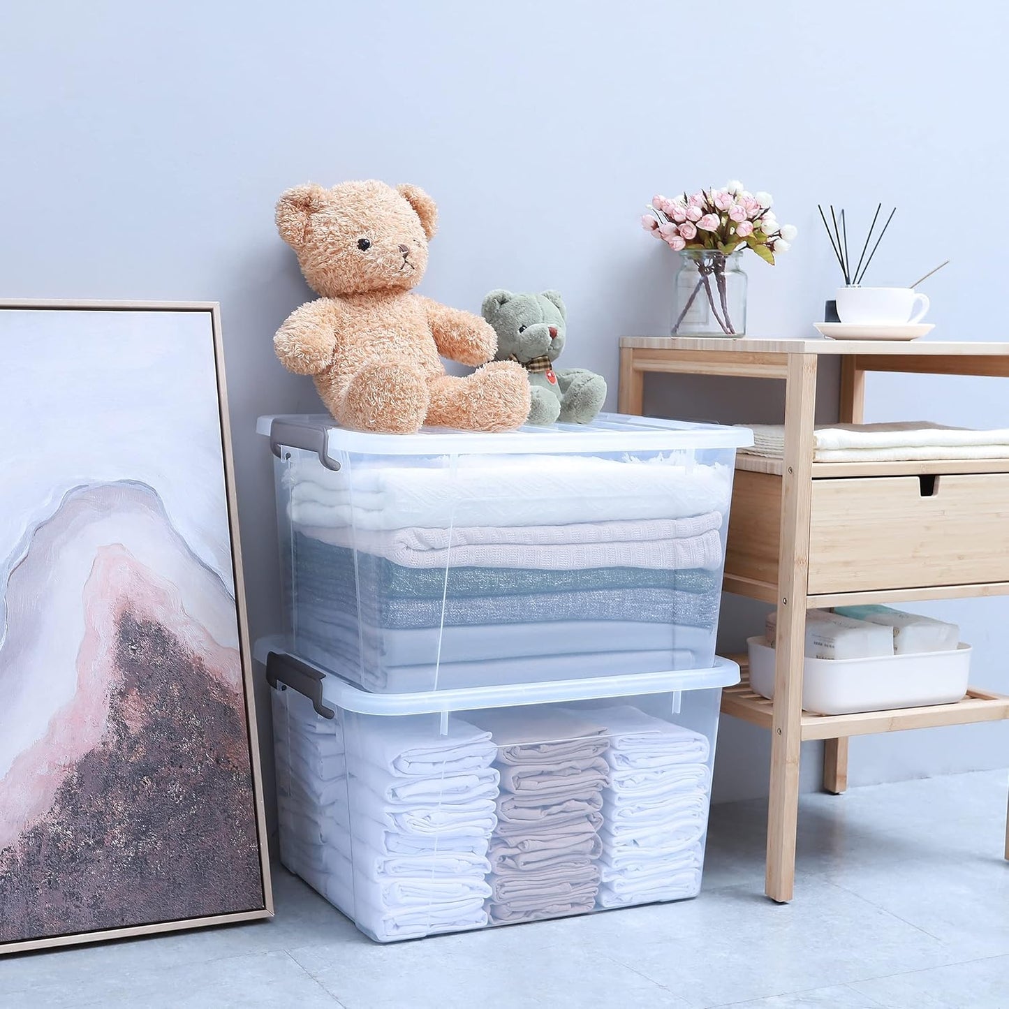 Citylife 44.4 QT Plastic Storage Bins with Latching Lids Stackable Storage Containers for Organizing Large Clear Storage Box for Garage, Closet, Kitchen, 4 Packs