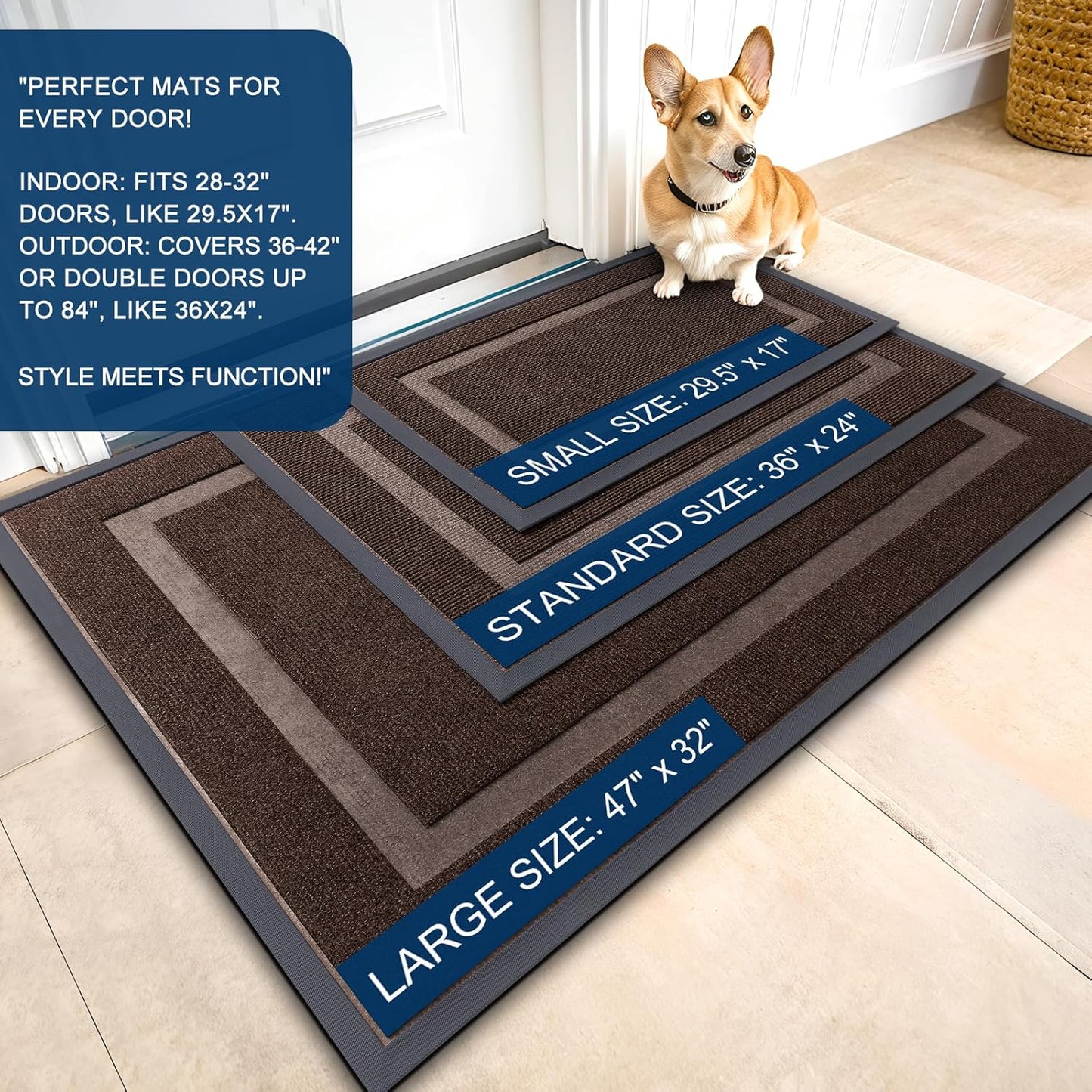 OLANLY Front Door Mat Indoor Outdoor Entrance, Waterproof All-Season, All-Weather Doormat, Sturdy Natural Rubber, Fade Resistant, Low Profile, Easy Clean Patio Porch Entryway Mat, 47x17, Dark Brown