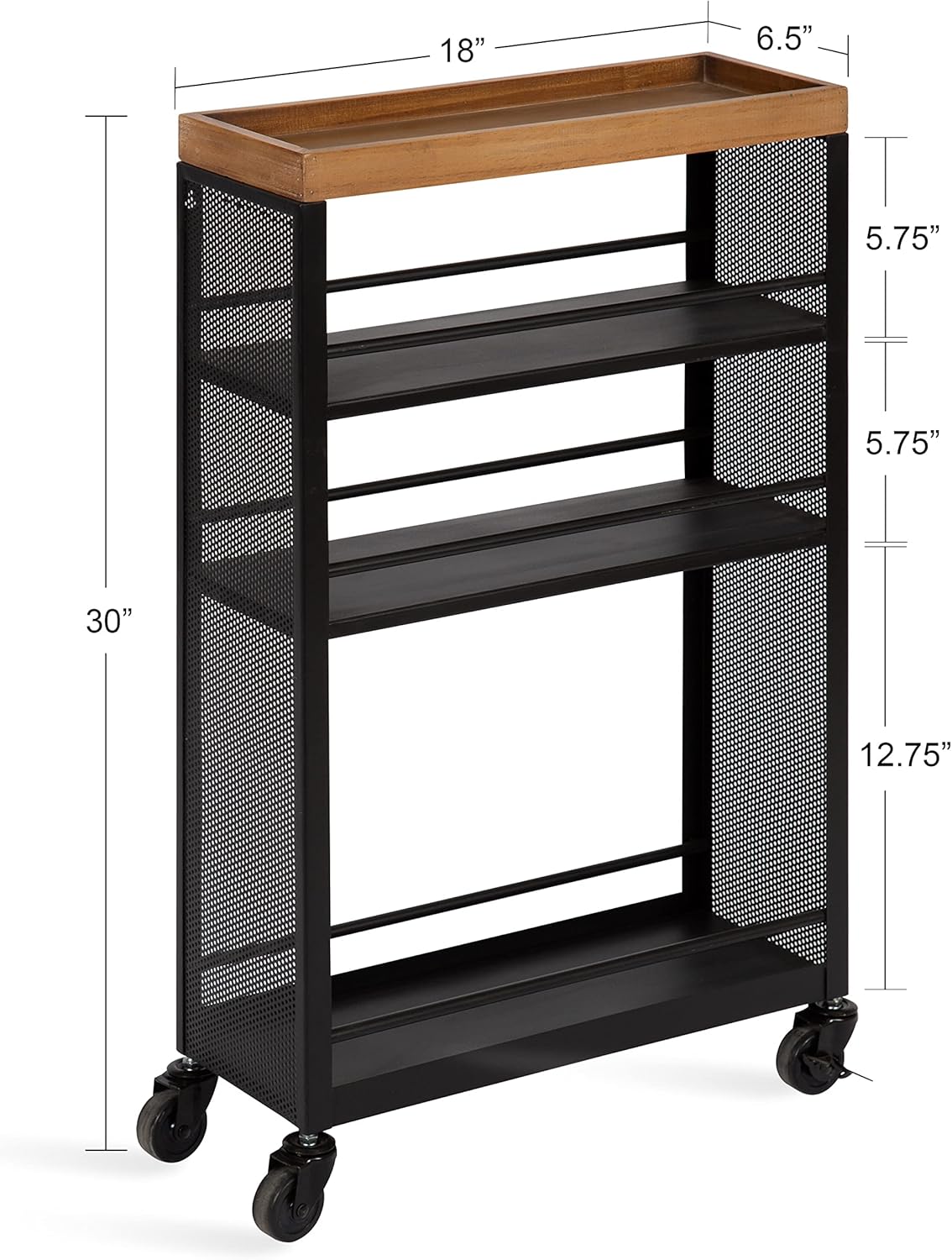 Kate and Laurel Piazza Decorative Slim Storage Cart, 18 x 7 x 30, Natural Wood and Black, Decorative Narrow Rolling Cart with Locking Wheels and Three Storage Shelves for Kitchen or Laundry Room