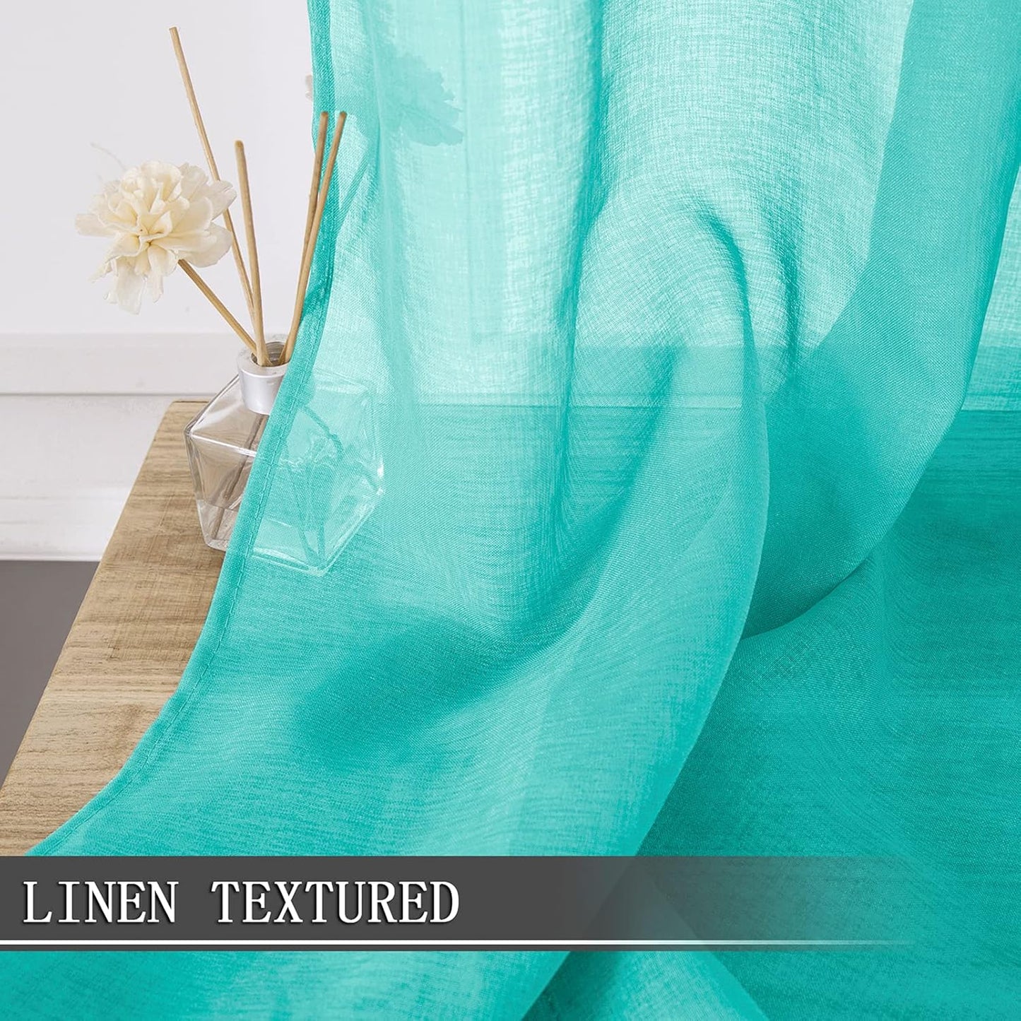 Tollpiz Short Sheer Curtain Linen Textured Bedroom Curtains Sheer Light Filtering Rod Pocket Voile Curtain for Living Room, 54 x 54 inches Long, Aqua Blue, Set of 2 Panels