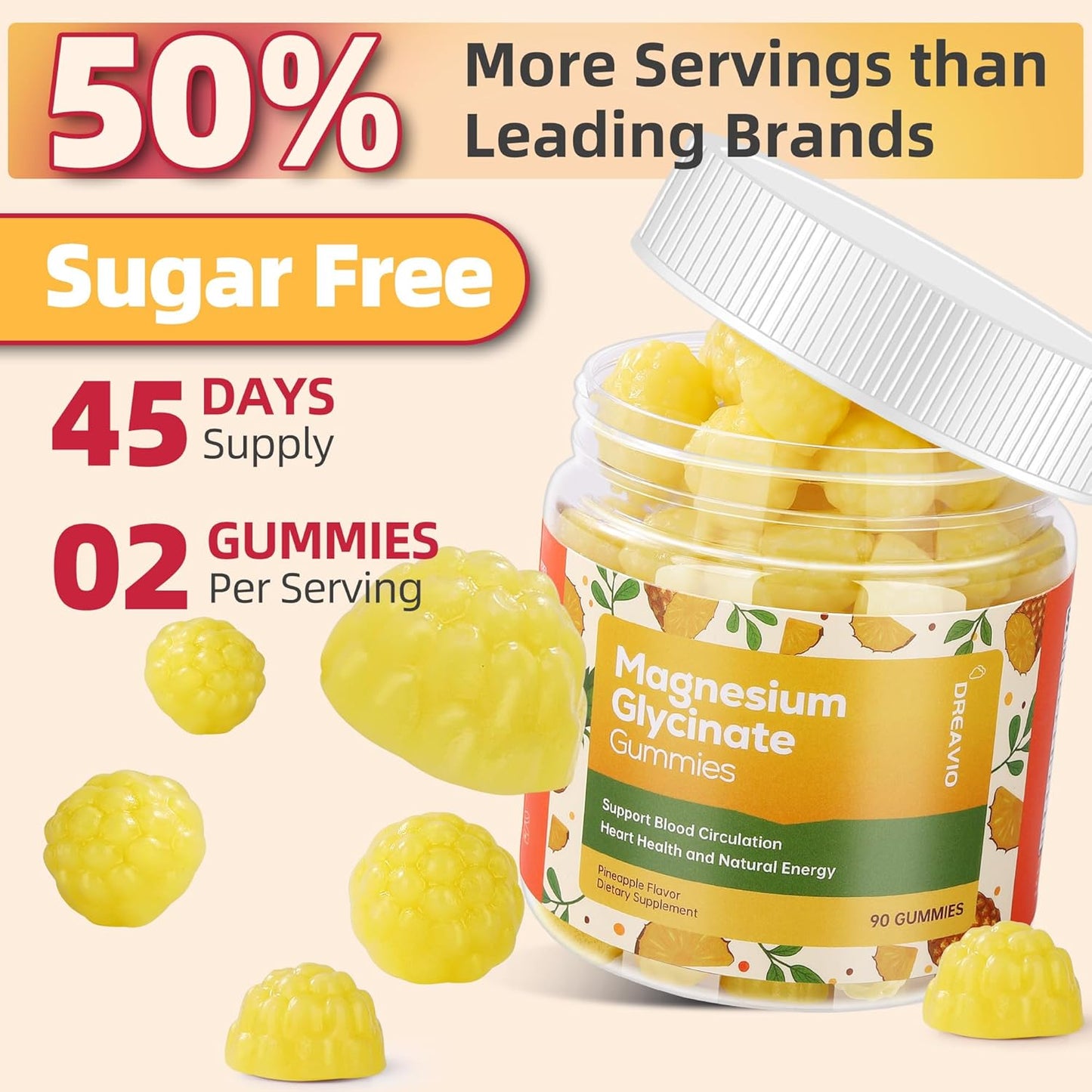 90 Count Magnesium Glycinate Gummies 400mg w/Ashwagandha Supplement - Sugar Free Zinc Magnesium Glycinate Supplement Ashwagandha Gummies for Adults Pineapple Flavor