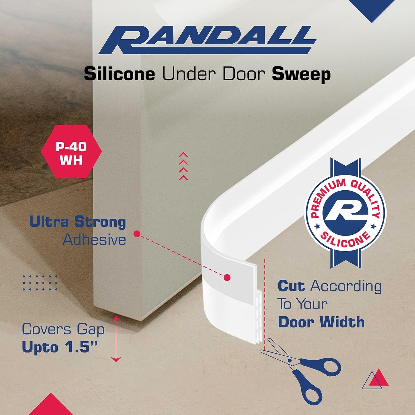 Adhesive Backed Door Draft Stopper – Silicone Under Door Sweep for Interior & Exterior Doors, Noise & Air Insulation, Self Stick Weather Stripping Door Seal, 2" W x 39" L (White) by Randall Mfg