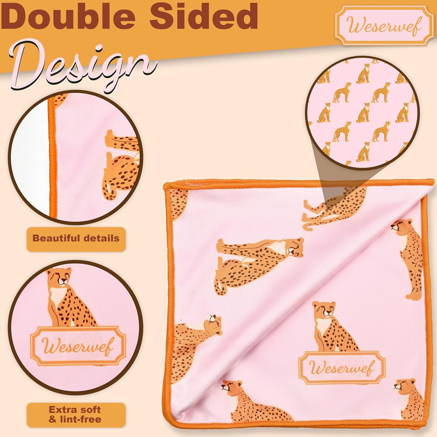 WESERWEF Design Microfiber Glasses Cleaning Cloth – Premium Cleaning Cloth for Eyeglasses, Screens, Tablets, Cameras & Lenses, 12" x 12", Ultra-Soft & Scratch-Free (Leo Pink)