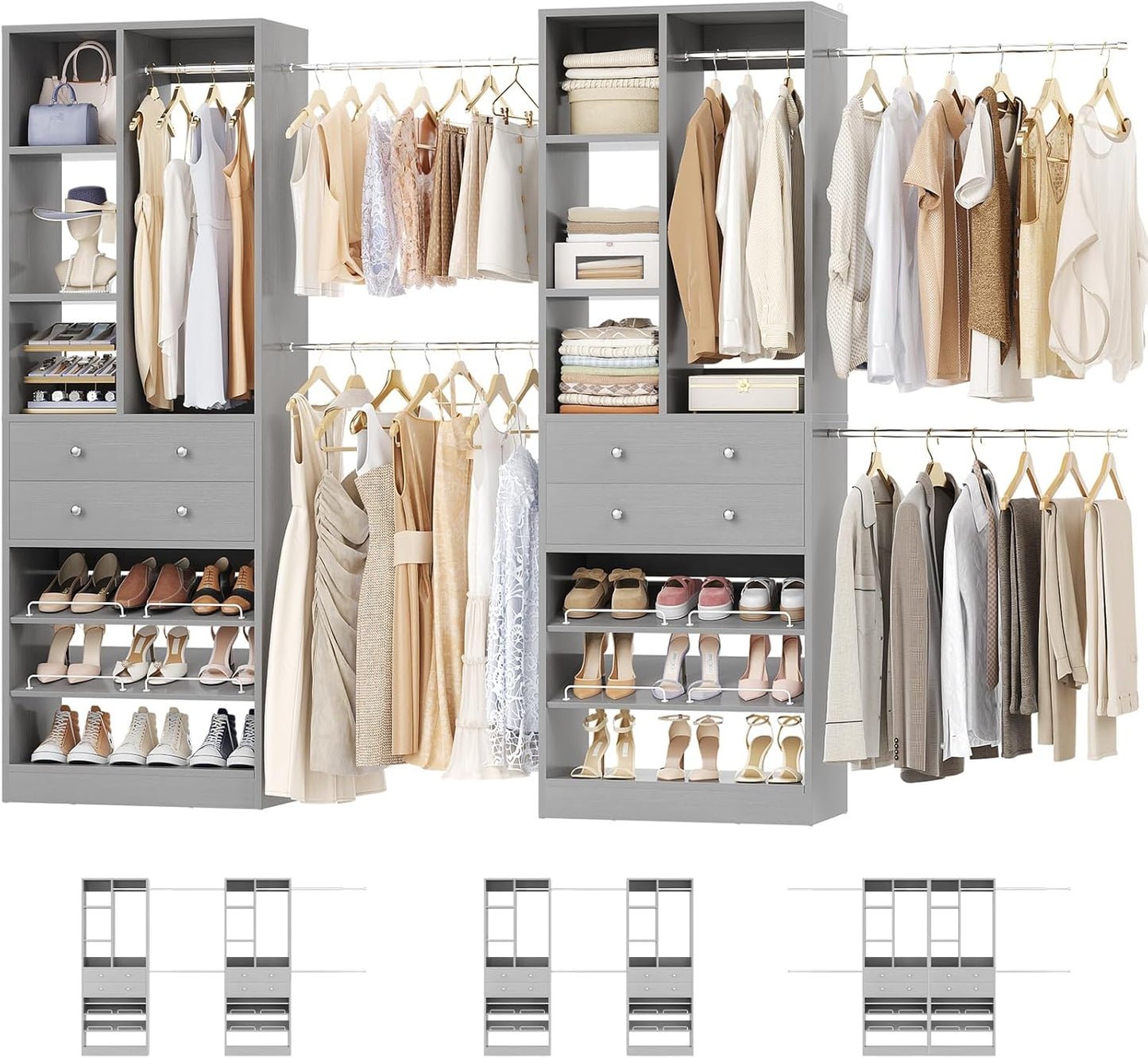 Closet System, Up to 134"/11.2 FT Closet Organizer with 4 Wooden Drawers and Shelves, Walk-in Closet System with 6 Hanging Rods, Built-in Closet Can Fit 96"/8FT, 120"/10FT, Morandi Grey