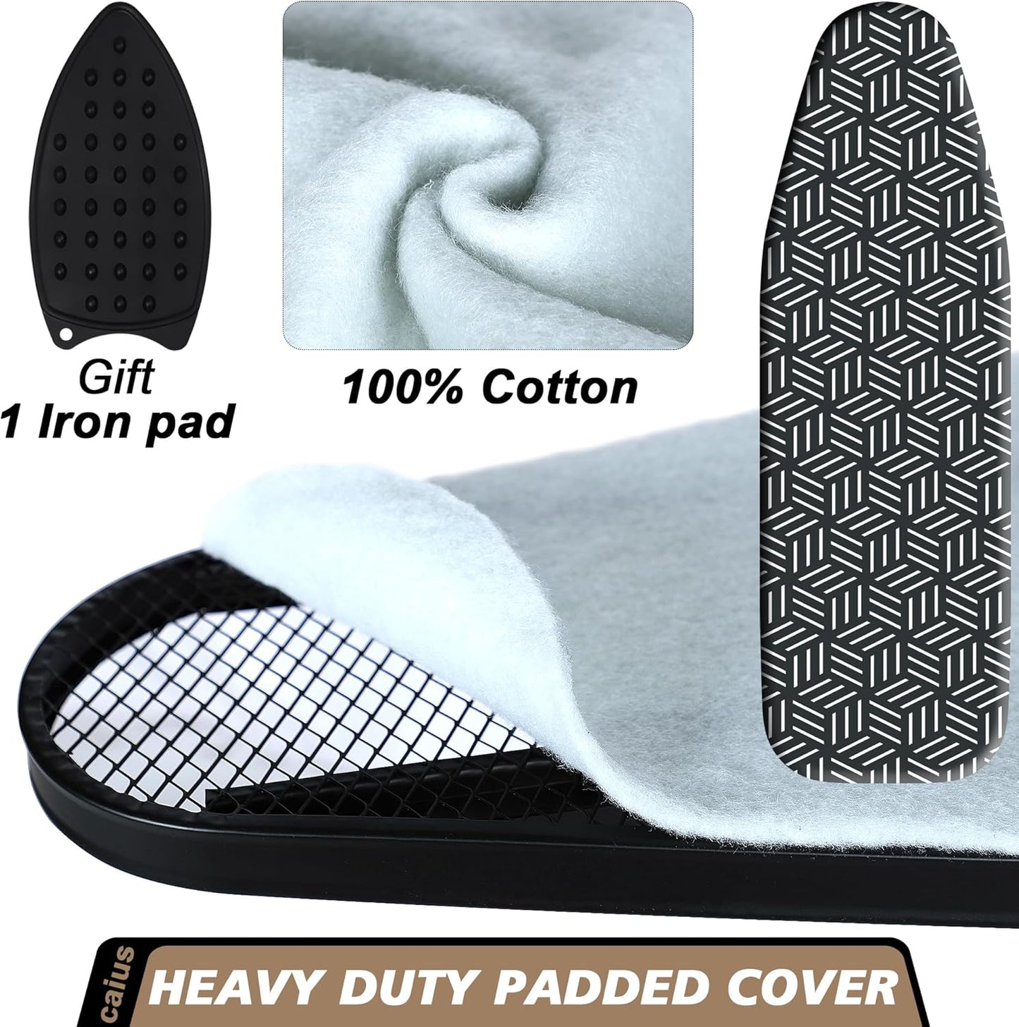 caius Ironing Board, Compact and Space Saver Full Size Ironing Board, Extra Wide Ironing Area with Extra Thick Heavy Duty Padded Cover, Stable Structure, Easy to Fold