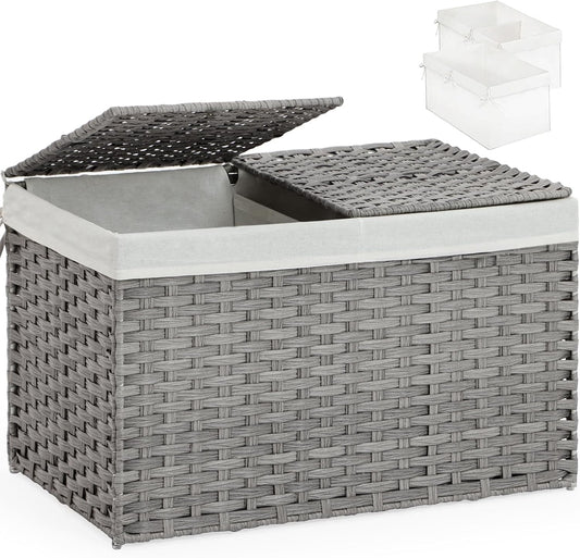 Storage Basket with Lid Wicker Baskets for Storage with 2 Separate Lid 42.3 Gallon (160 L) 29.9 x 17.3 x 18.1 Inches Rattan Woven Large Wicker Basket with 2 Liners for Bedroom Laundry Gray