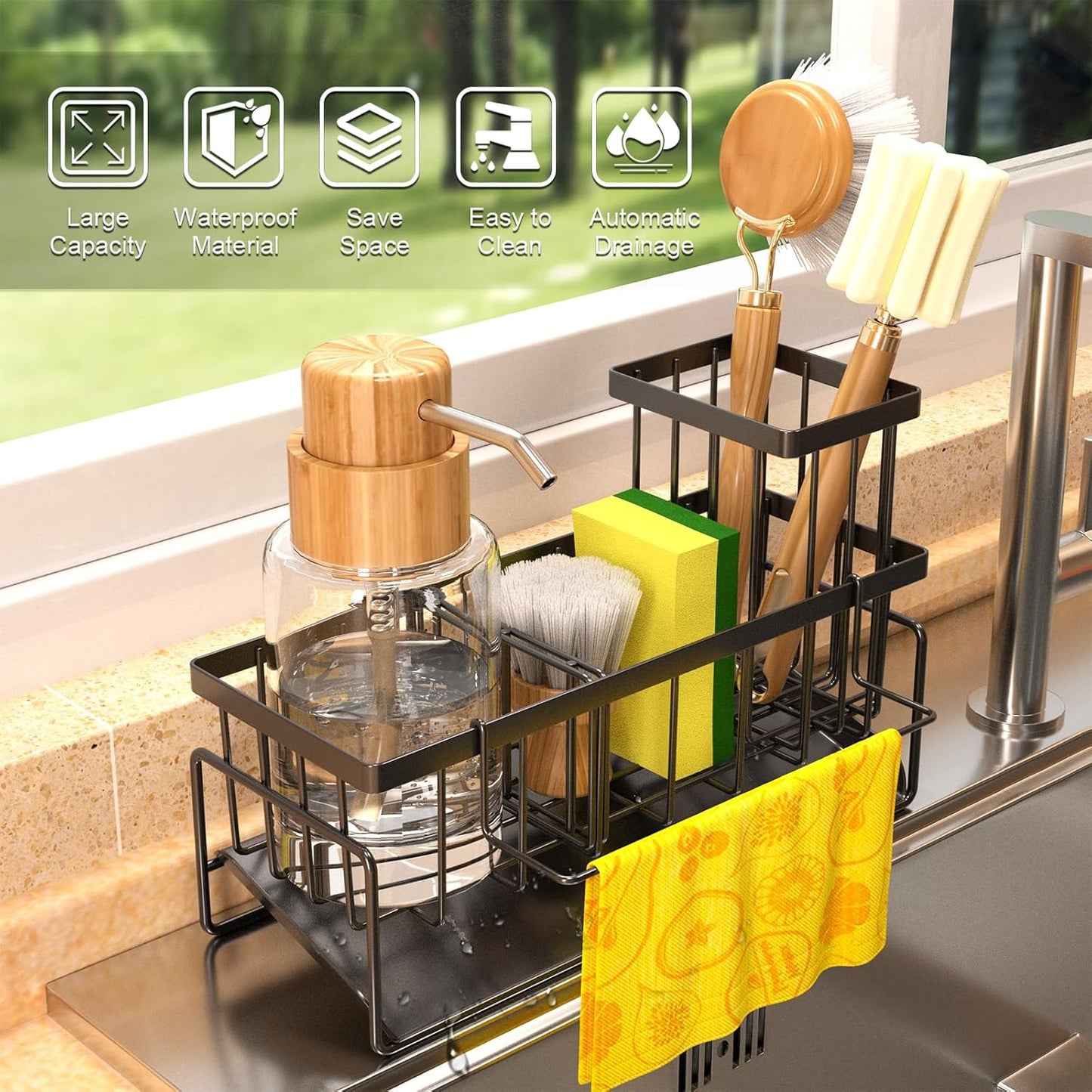 Kitchen Sink Caddy Organizer – Rustproof Sponge Holder with Drainage, Space-Saving Sink Organizer for Countertop Storage, Kitchen Accessories & Décor
