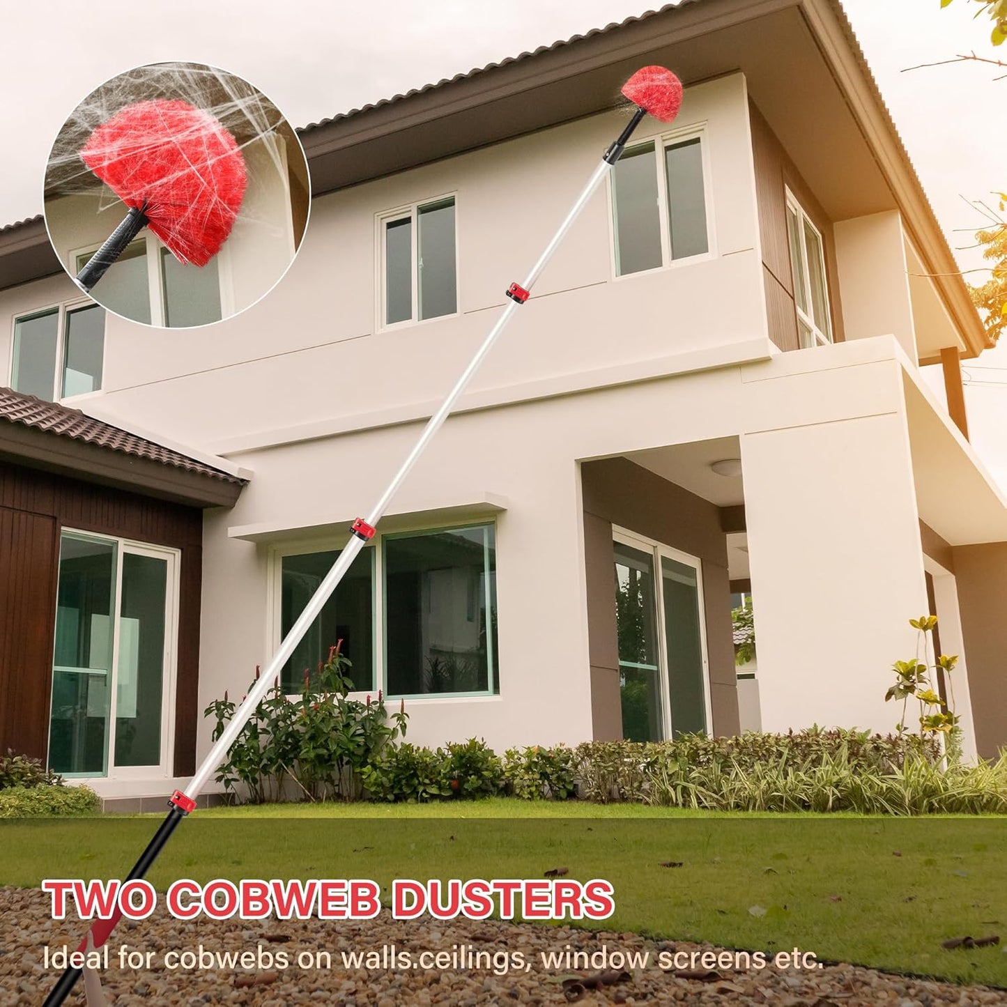 5-12 FT Extension Pole with 2 Outdoor Cobweb Brushes, 20 FT High Reach Ceiling Fan Cleaner Duster for Home, 12 FT Extendable Pole with 4 Pcs Dusting Tools, Cubweb Dusters, Feather Dusters, Fan Duster