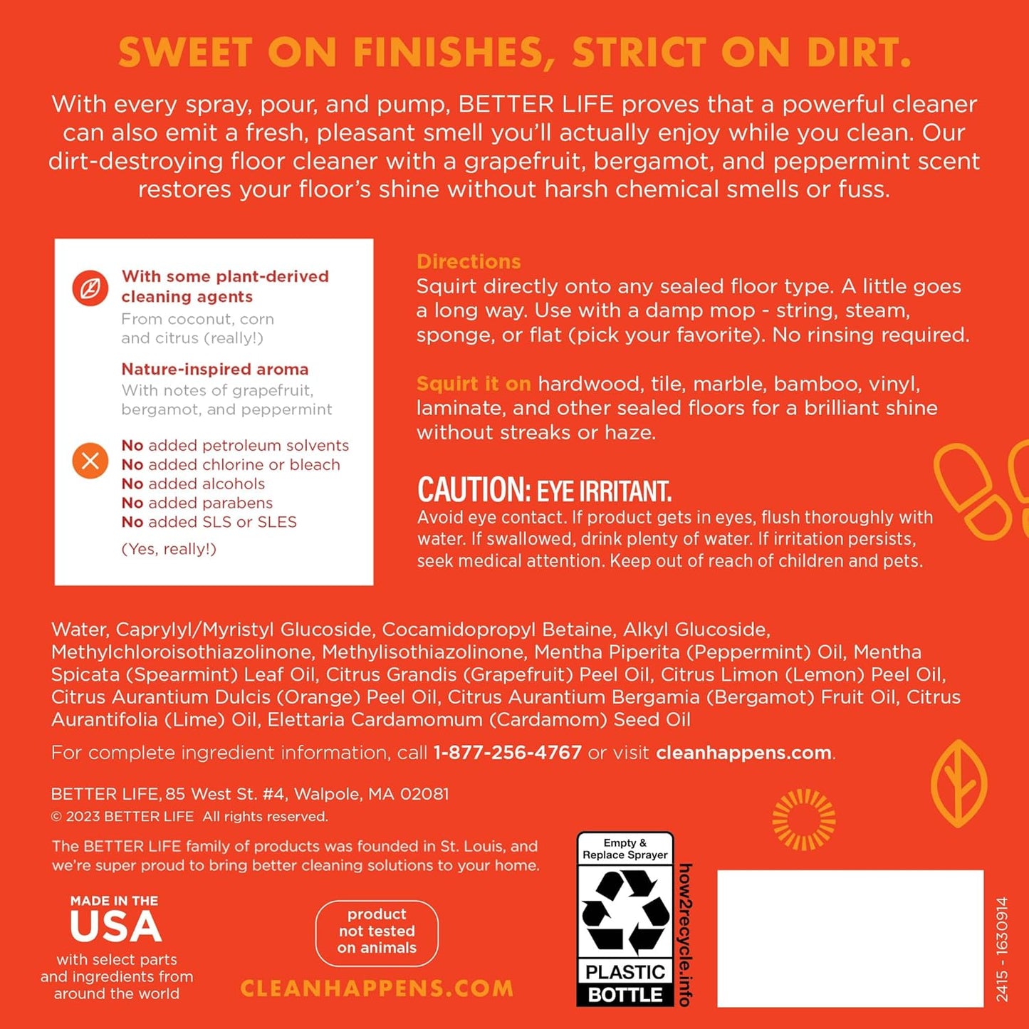 Better Life Floor Cleaner - Liquid Multipurpose Cleaner for Wood, Tile, Laminate, Vinyl, Bamboo - Hardwood Floor Cleaner for Mopping - Citrus Mint 32oz