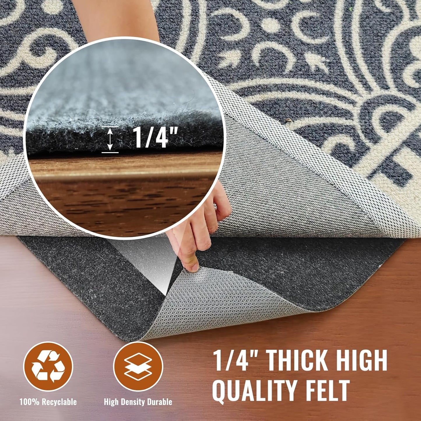 Felt Rug Pad, 3 x 5 Ft Rubber Non-Slip Rug Pad Gripper, Keep Rugs Secure and in Place, Extra Strong Under Carpet Mat Cushion - for All Floors