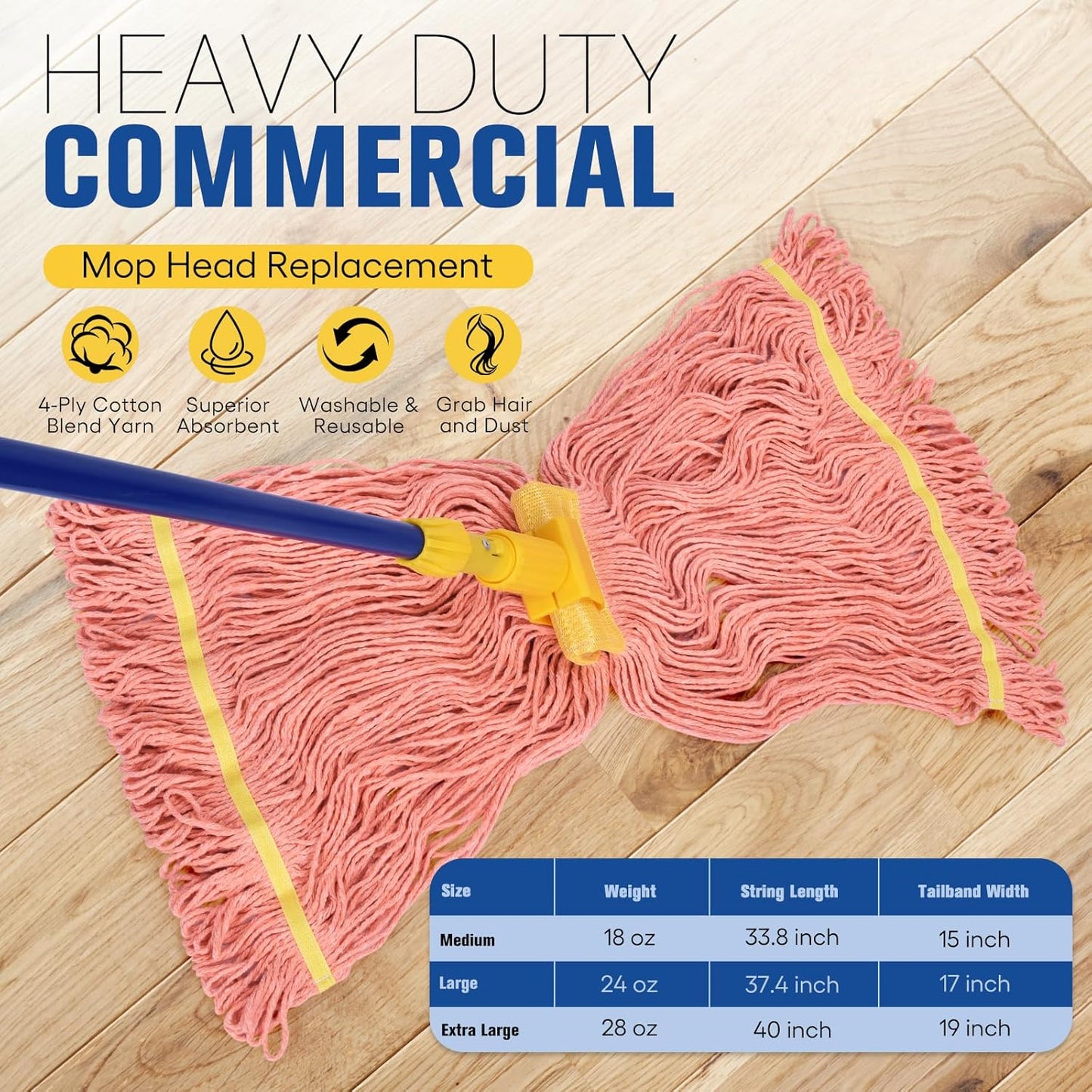 Matthew Cleaning Commercial Mop Head Replacement, 5 Inch Wide Headband, Looped End Cotton Blend String Wet Mops for Floor Cleaning, 18 oz Medium, Case Pack 12 Pcs Orange