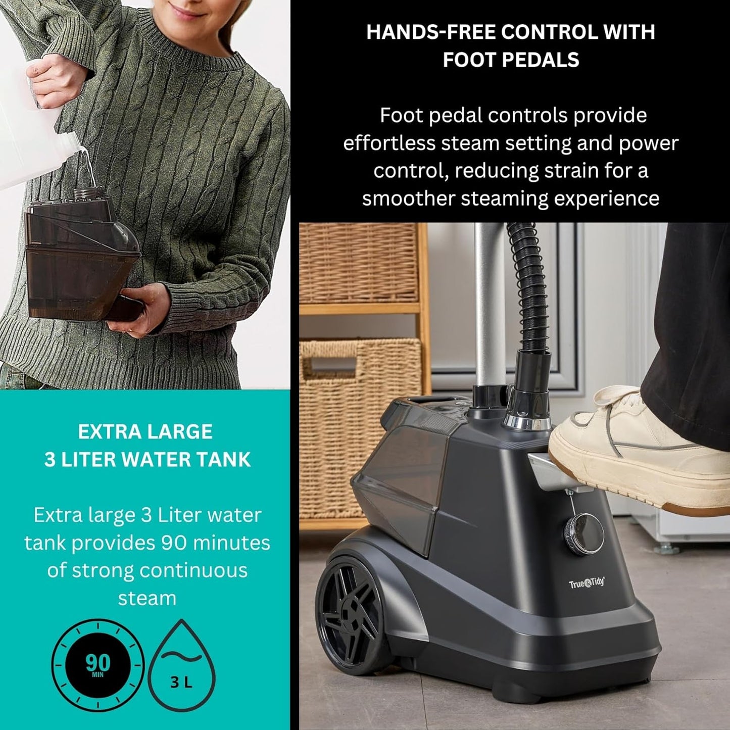 True & Tidy® Heavy-Duty Commercial Industrial Standing Garment Steamer for Clothes, 1800 watts, XL 3L water tank 90+ mins of Steam 3 Steam Settings, Step On/Off Control, Wheels for Easy Movement