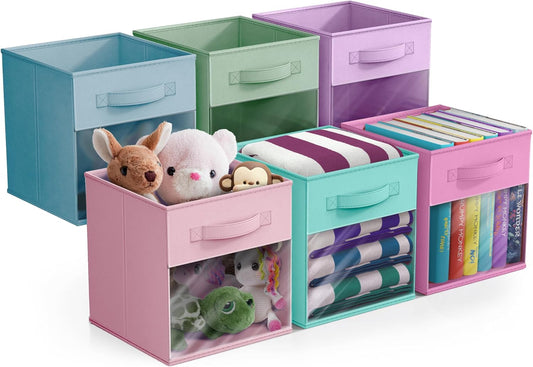 Sorbus 11 Inch Storage Bins with Clear Window - 6 Foldable Baskets for Organizing Clothes, Toys, Books - Sturdy Collapsible Fabric Storage Cubes with Handle - Storage Baskets for Shelves, Closets