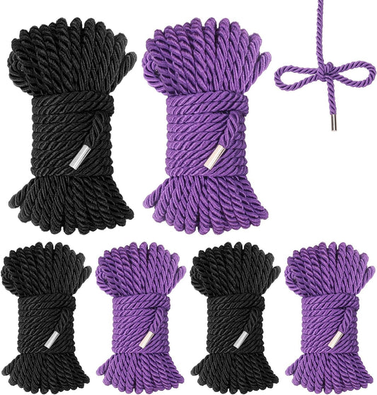 6 PCS Silk Rope Set - 32 Feet Long Nylon Proof Rope Cord and Soft Braided Ropes Black & Purple, Skin Friendly for Crafts, Hanging, DIY Projects and More