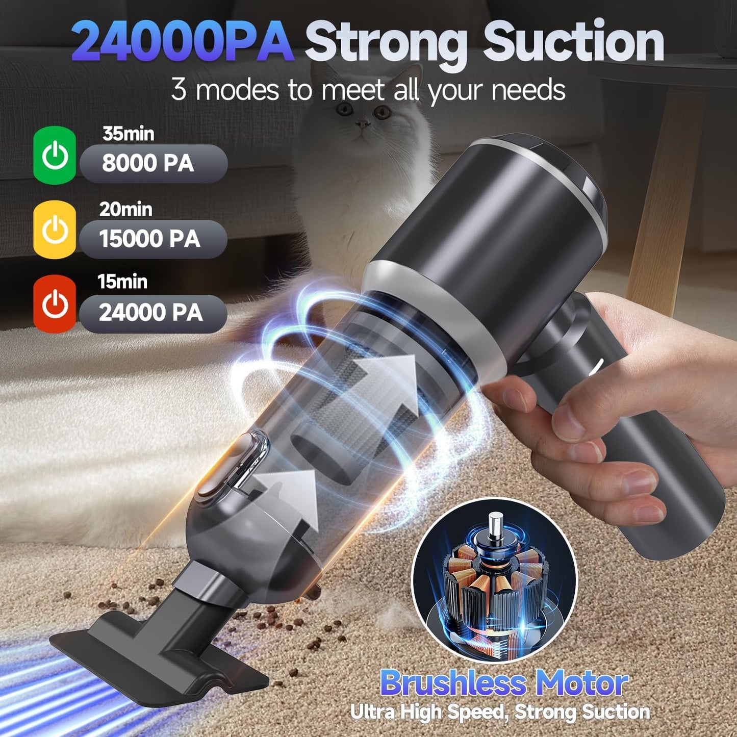 Car Vacuum Portable Cordless, Small Handheld Vacuum Cleaner with 24000PA High Power Suction, Mini Vacuum Cordless Rechargeable with One-Touch Empty, 10-in-1 Hand Vac for Car Home Office Dust