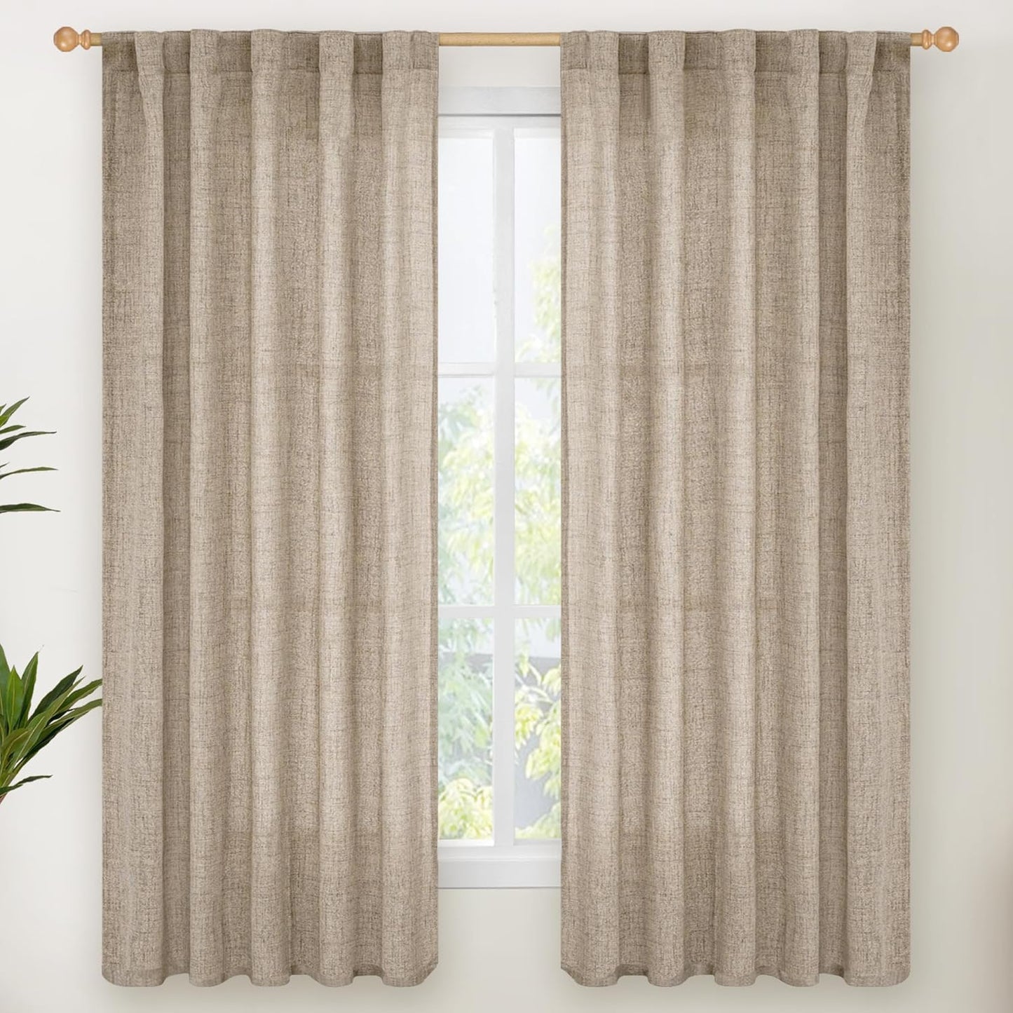 YoungsTex Dark Oatmeal Linen Curtains 63 Inch Length for Living Room, Light Filtering Semi Sheer Window Drapes Rod Pocket Back Tab Curtain for Bedroom, 2 Panels, 42 X 63 Inch