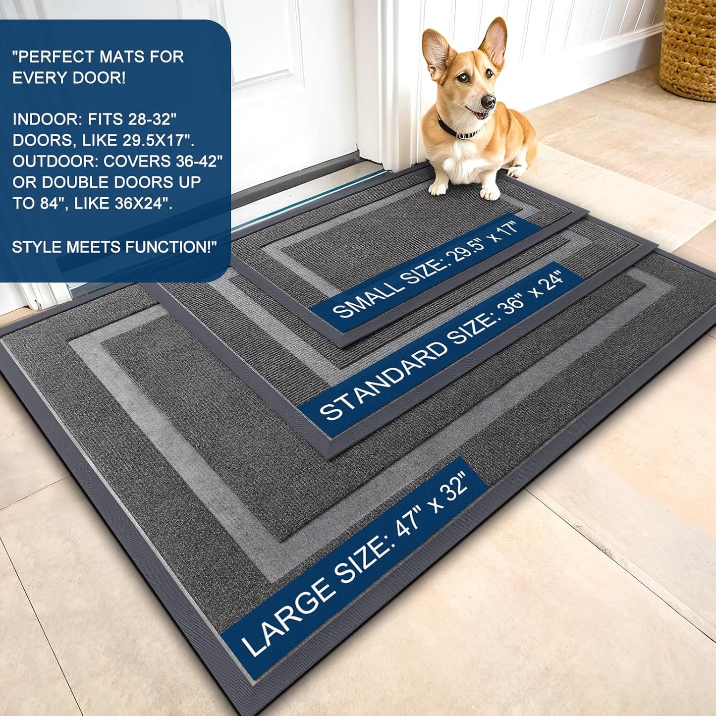 OLANLY Front Door Mat Indoor Outdoor Entrance, Waterproof All-Season, All-Weather Doormat, Sturdy Natural Rubber, Fade Resistant, Low Profile, Easy Clean Patio Porch Entryway Mat, 29.5x17, Dark Grey