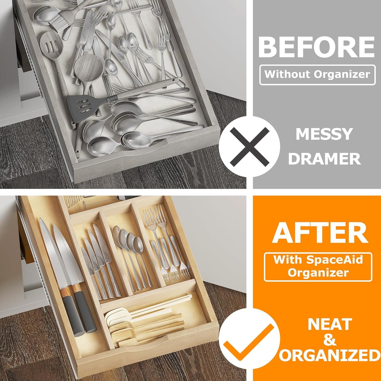 WelFurGeer Premium Wooden Silverware Organizer for Kitchen Drawers, Utensil Tray for Kitchen Drawer, Cutlery Drawer Organizer for Forks, Spoons, Knives - Sturdy Birchwood, Natural Finish