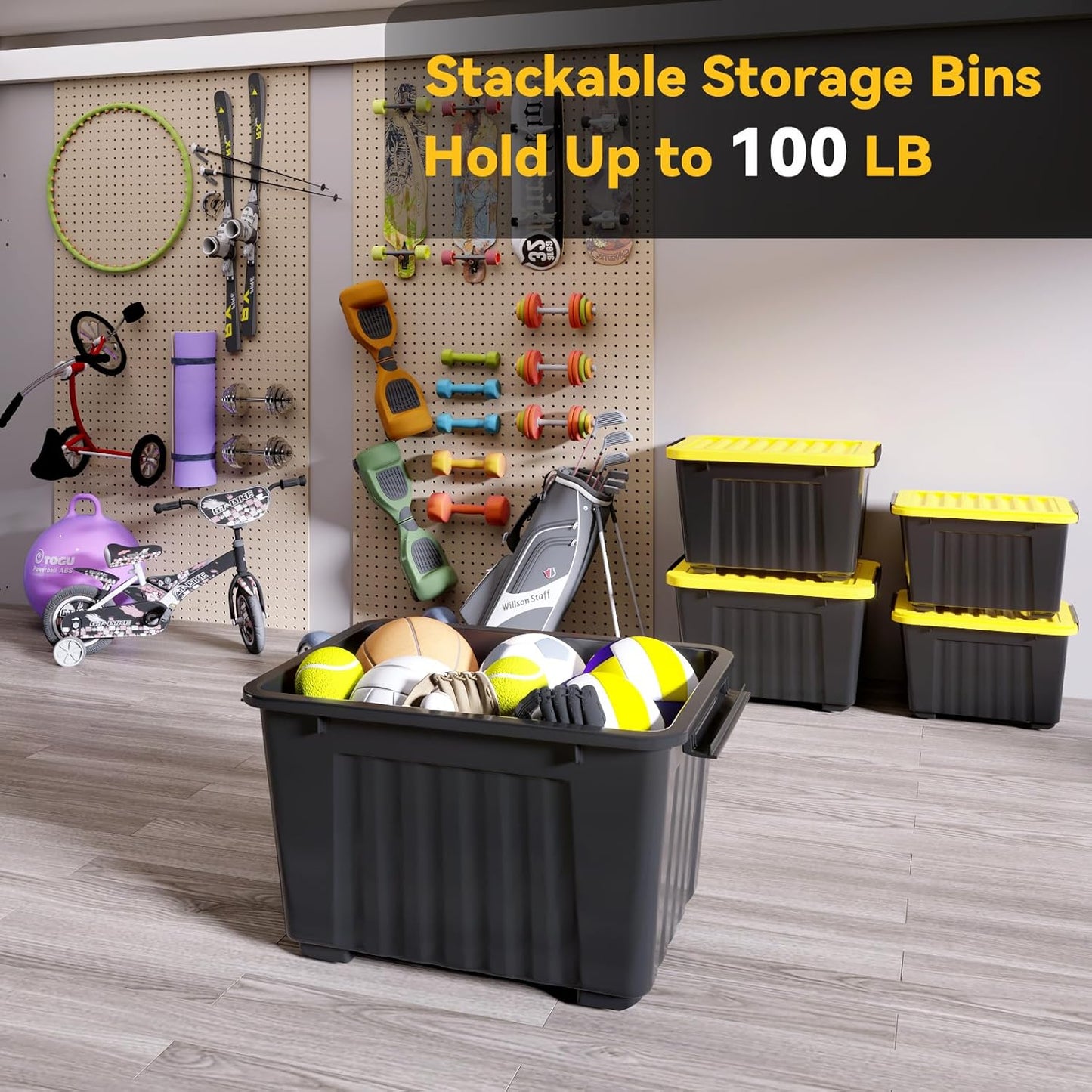 Nazhura 72Quart Plastic Storage Bin, Stackable and Nestable Storage Boxes with White Lids and Secure Latching Buckles, Large Storage Container (Black/Yellow, 72Quart-6Pack)