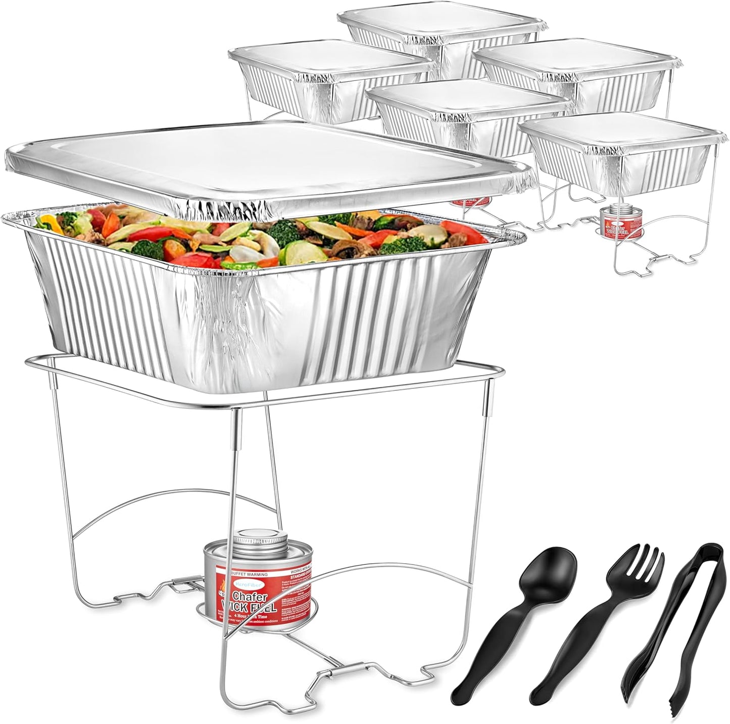 Complete Chafing Dish Buffet Set (39pc) Disposable Catering Supplies- Includes Serving Utensils, 6hr Fuel cans, 6 Half Size Chafing Pans & Wire Racks- Premium Party Food Warmer Trays