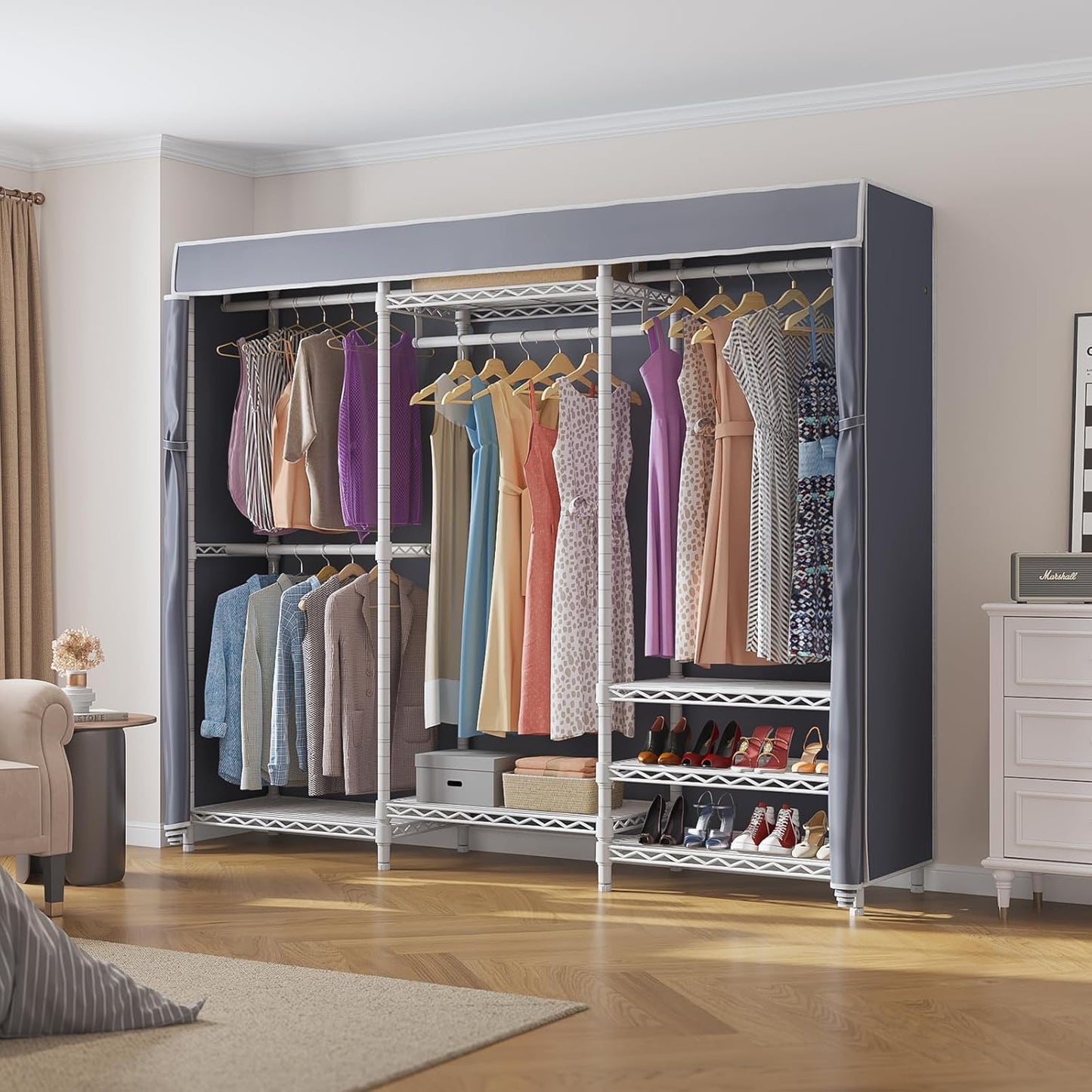 VIPEK V5C Portable Bedroom Armoires Wardrobe Closet with Cover, Heavy Duty Covered Clothes Rack Adjustable Closet Rack, White Metal Clothing Rack with Grey Oxford Fabric Cover, 70.1" Lx17.3 Wx76.4 H