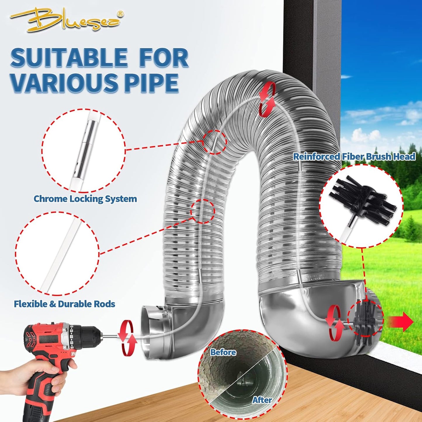 Bluesea 7 Pieces 35 Feet Dryer Vent Cleaner Kit, Reinforced Nylon Dryer Vent Cleaning Kit, Durable Dryer Vent Brush Vacuum Attachment with Flexible Lint Trap Brush, Vacuum & Dryer Adapters Upgrade