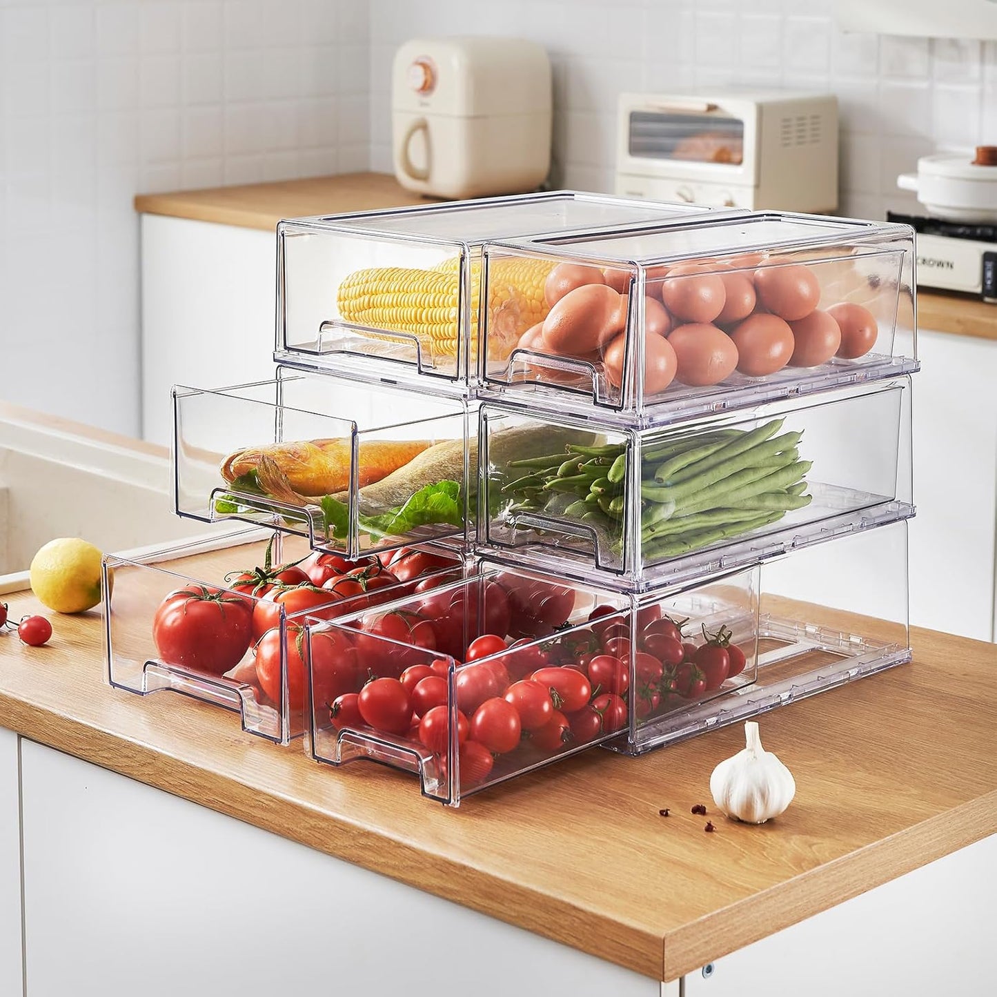 PeJeyiee 6 Pack Clear Stackable Refrigerator Organizers and Storage Drawers - Pull-Out Fridge Bins with Anti-Slip Base & Easy Clean, Plastic Organizers for Kitchen Pantry Cabinet Closet (Large)