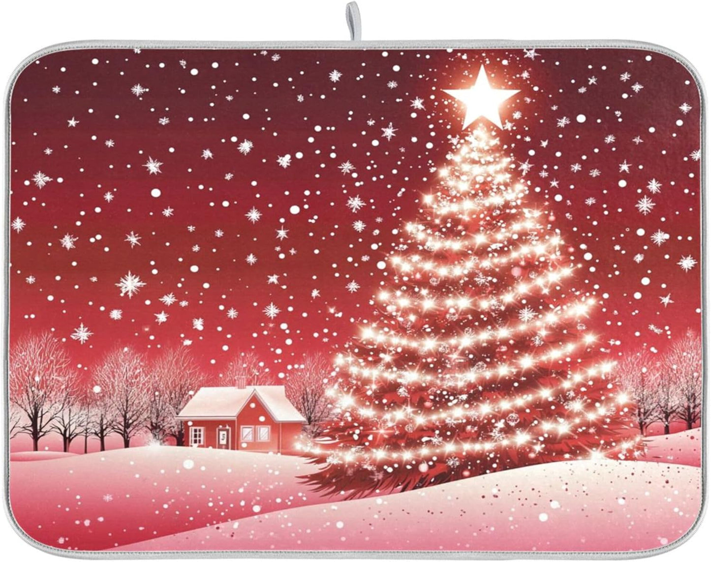 Christmas Tree Red Dish Drying Mat for Kitchen Countertop 18x24 Winter Snow Cabin Xmas Large Drying Mat Reusable Quick Dry Dish Sink Mats Easy Clean Decorative Essentials