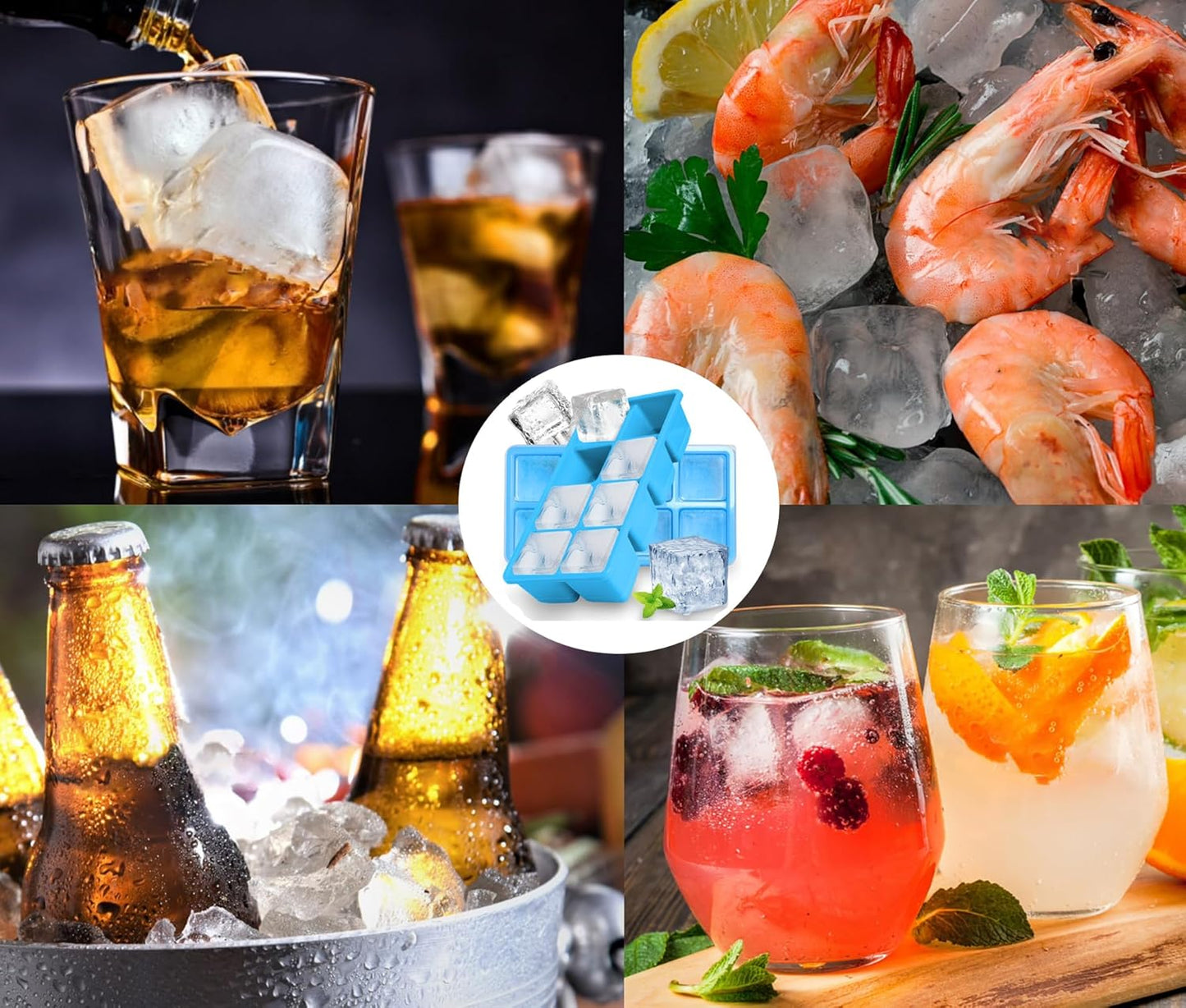 Large Ice Cube Trays, JRISBO 2 Pack Reusable Silicone Ice Cube Molds with Lid for Freezer, Easy Release 16 Big Square Ice Trays for Whisky Cocktails