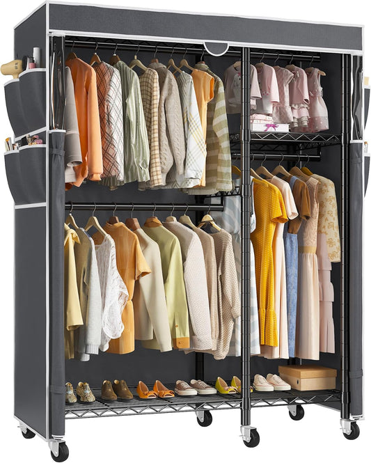 Raybee Clothes Rack with Cover,Clothing Racks for Hanging Clothes with Wheels and Adjustable Feets,Rolling Heavy Duty Garment Rack,Black